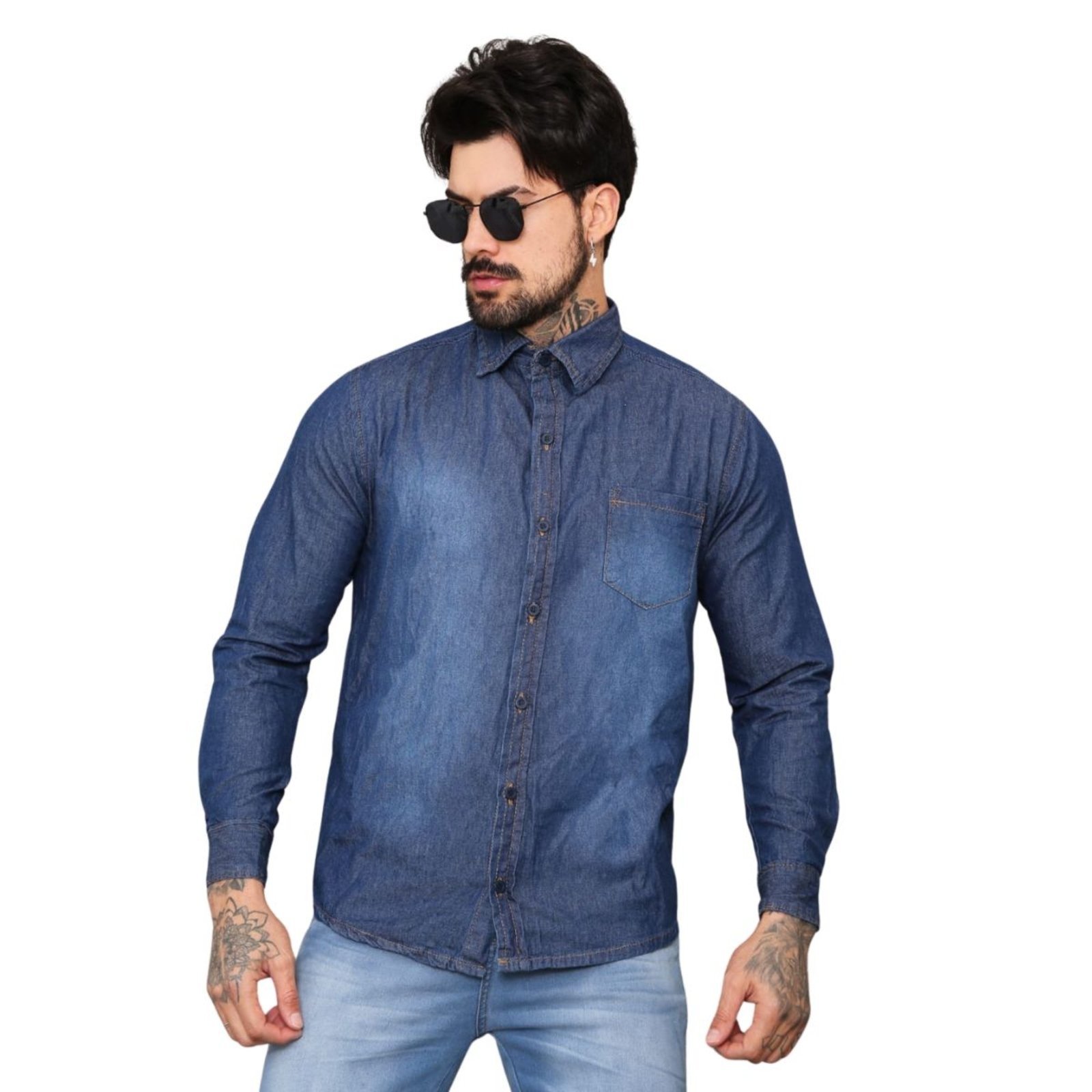 Camisa Masculina Jeans Escura Manga Longa Jeans Light