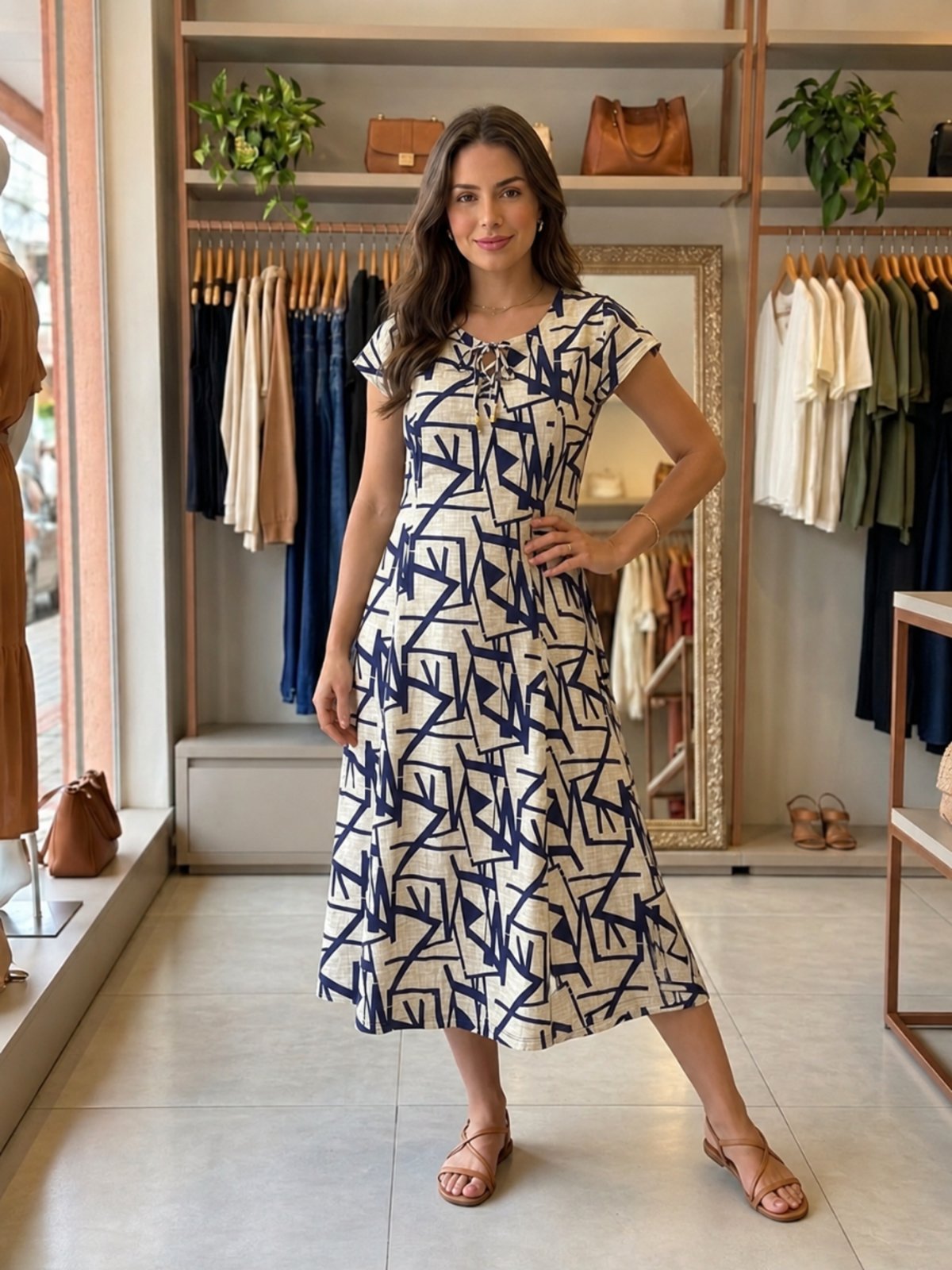 Vestido Midi Rodado Soltinho Moda Evangélica Estampado Feminino Azul e Bege