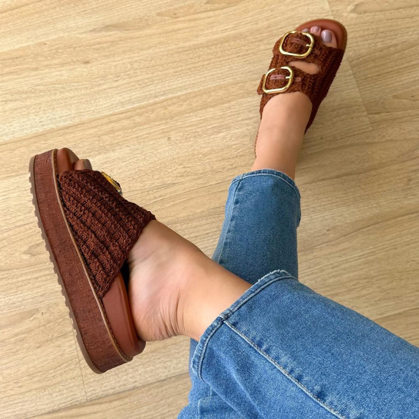 Vista 3 Giza - Sandália Flatform Feminina Crochê com Fivelas Damannu Shoes marrom Damannu Shoes marrom