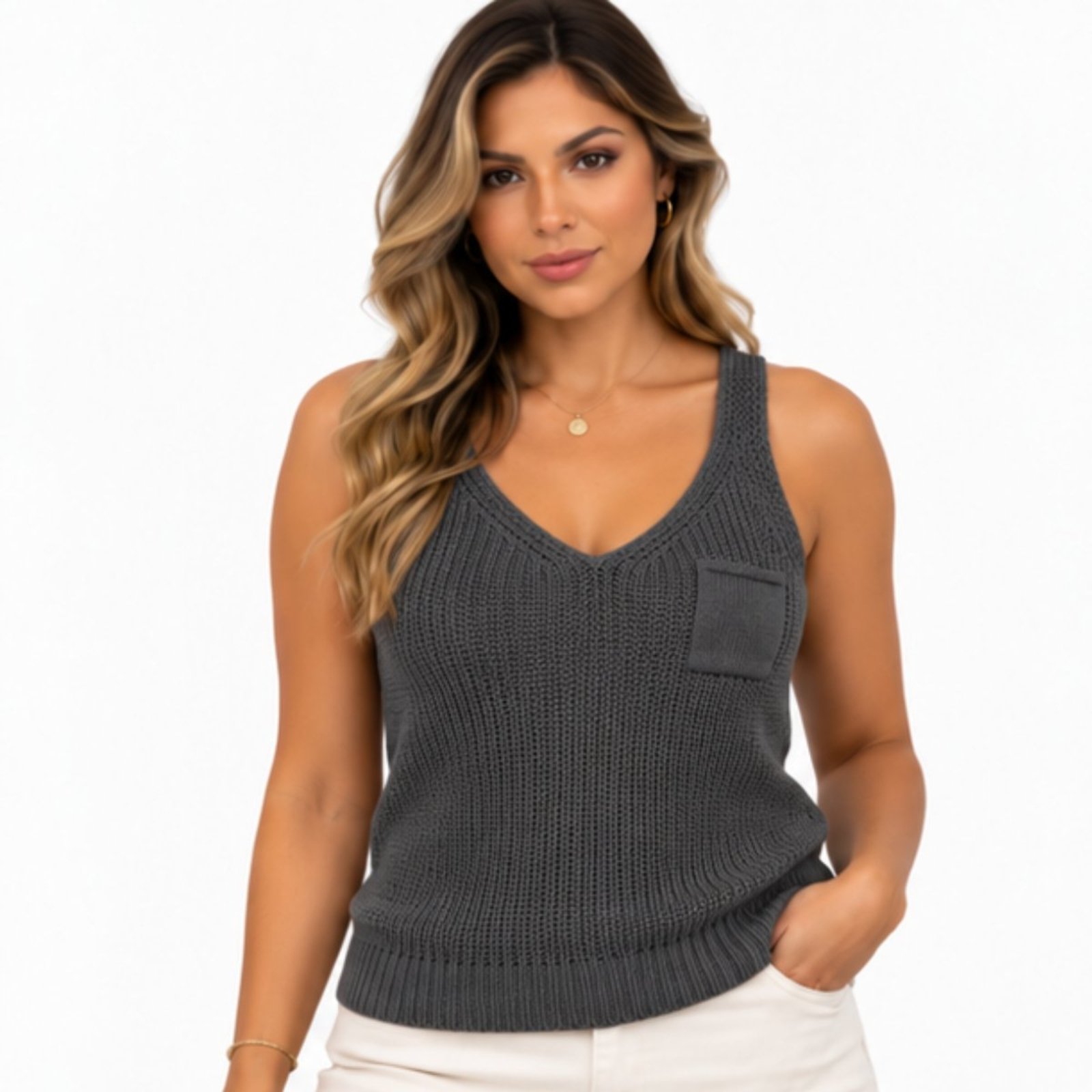 Regata Feminina Tricô com Bolso Decote V Blusa de Alça Casual Verão Chumbo