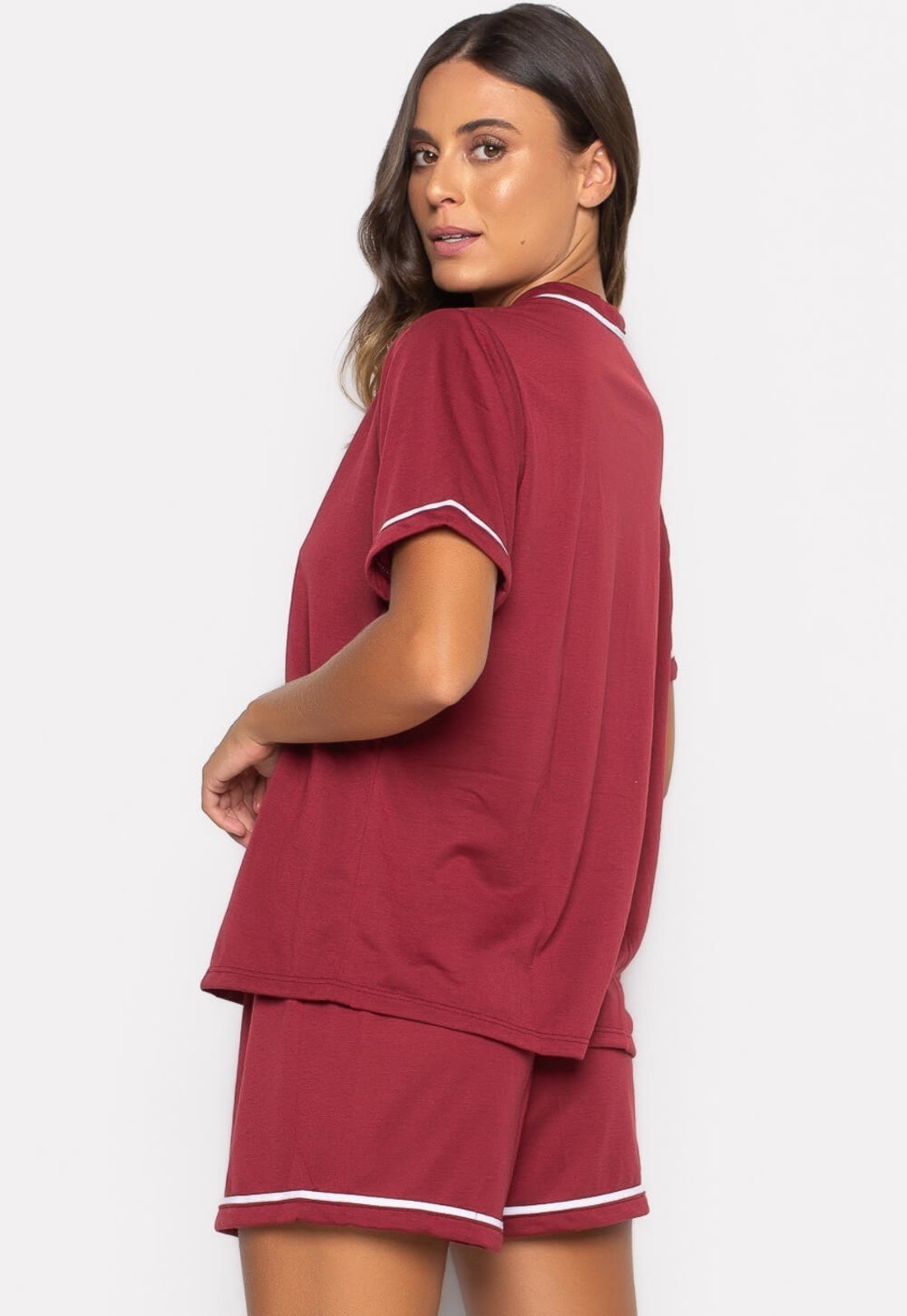Vista 3 Pijama Bravaa Store Curto Baby Doll Americano Blogueirinha Botão Adulto Amamentação 021 vinho BRAVAA STORE vinho