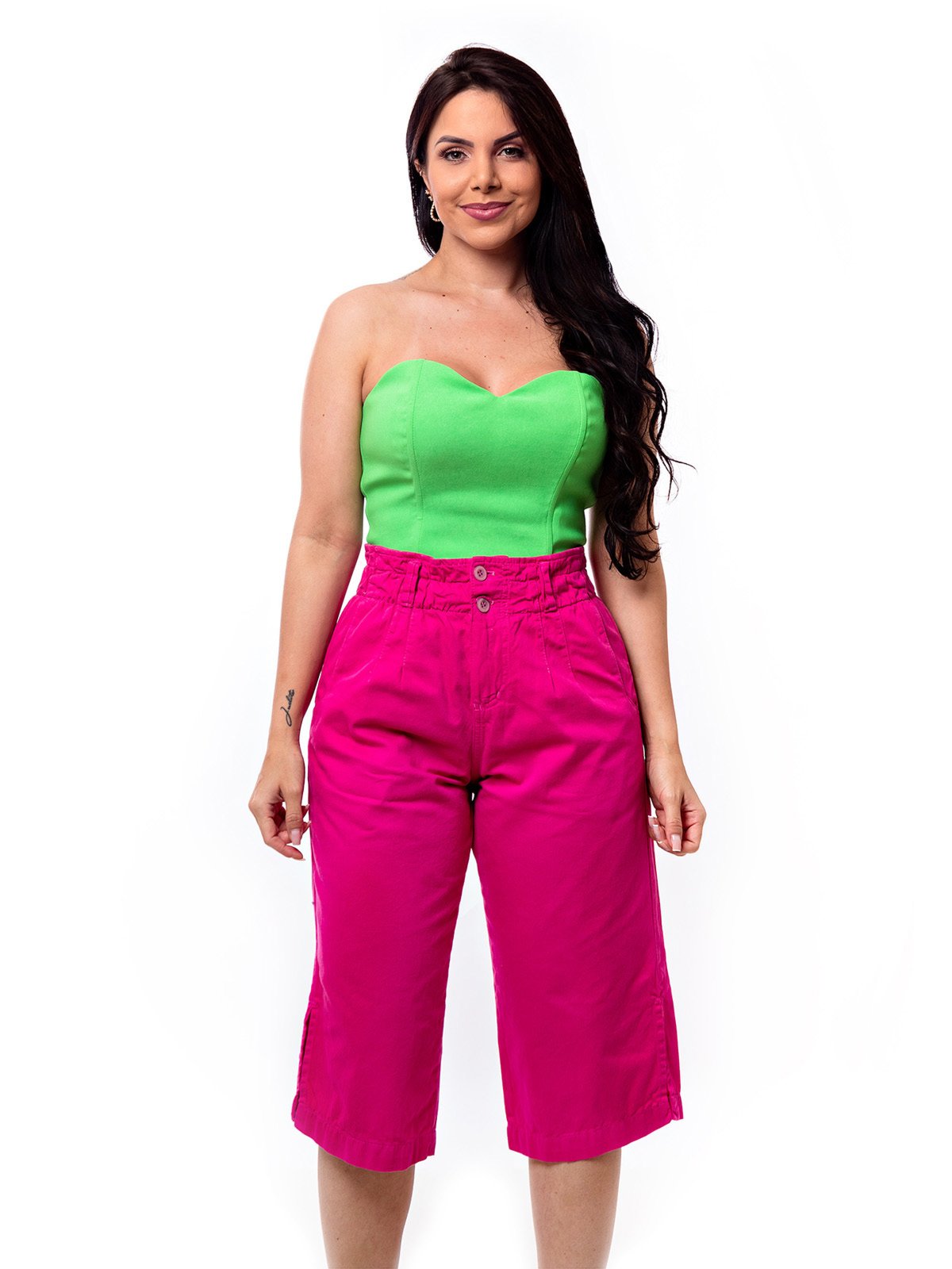 Bermuda Calça Pantacourt Restrito Jeans Cós Elástico – ROSA