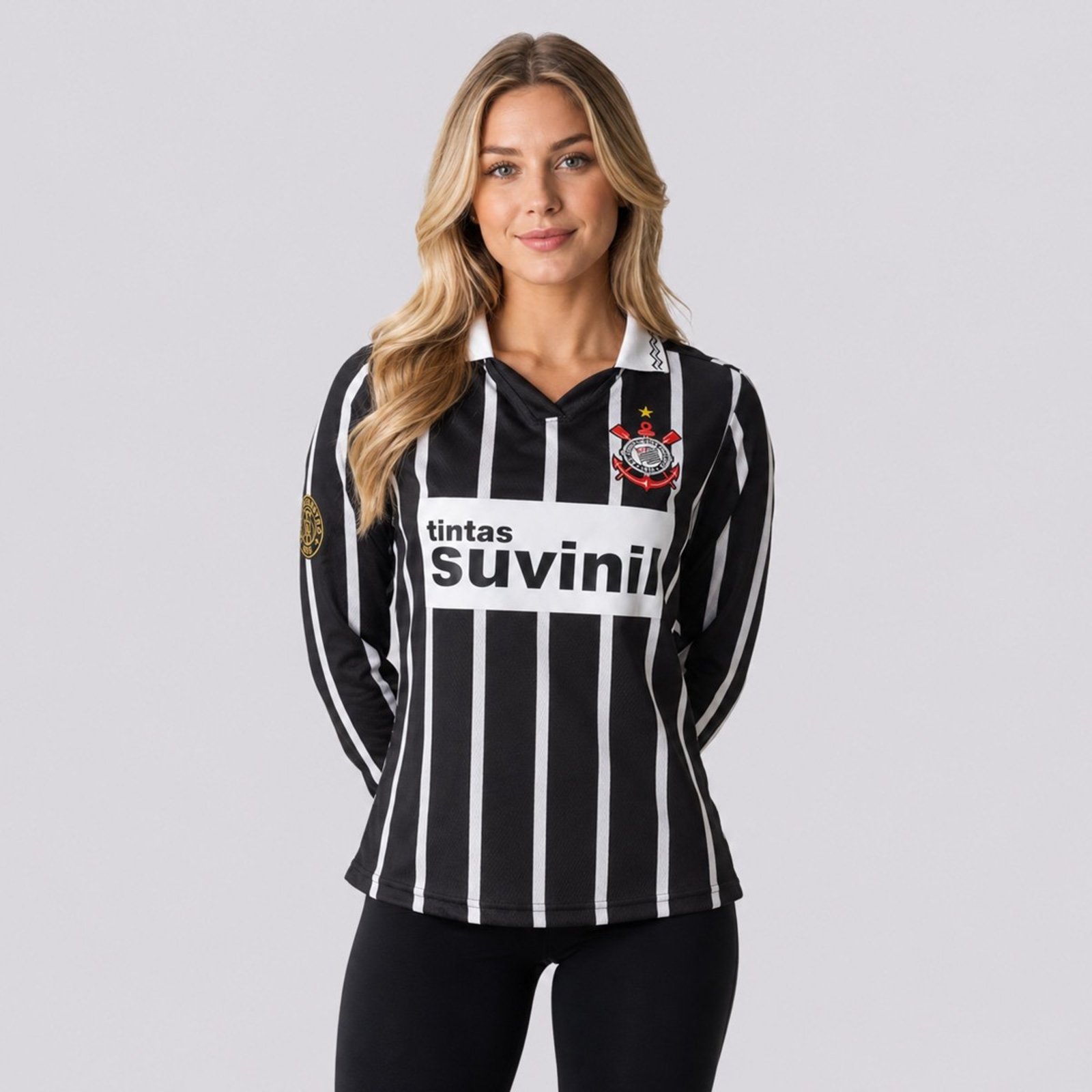 Camisa Corinthians Retrô Suvinil Manga Longa Feminina Preta