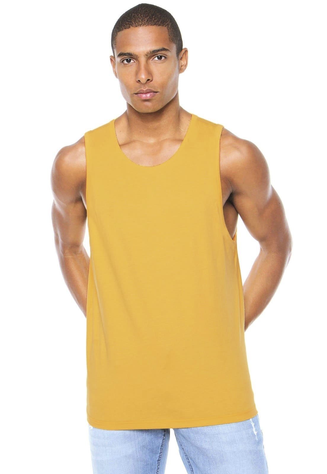 Camiseta Regata Amarela Mostarda Básica Di Nuevo Masculina 100% Algodão