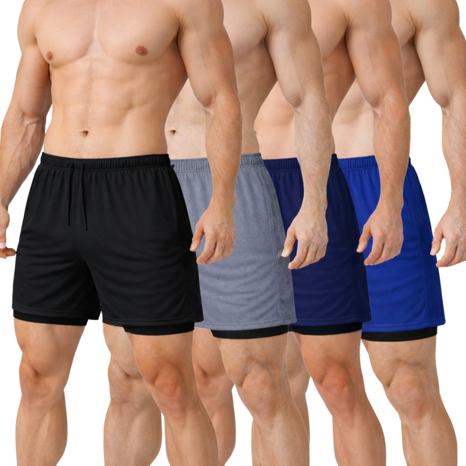 Vista 2 Kit 4 Short Treino Dry Fit Térmico 2 em 1 com Bolso para Celular e Porta-Toalha Calção Fitness Academia Relaxado branco Relaxado branco
