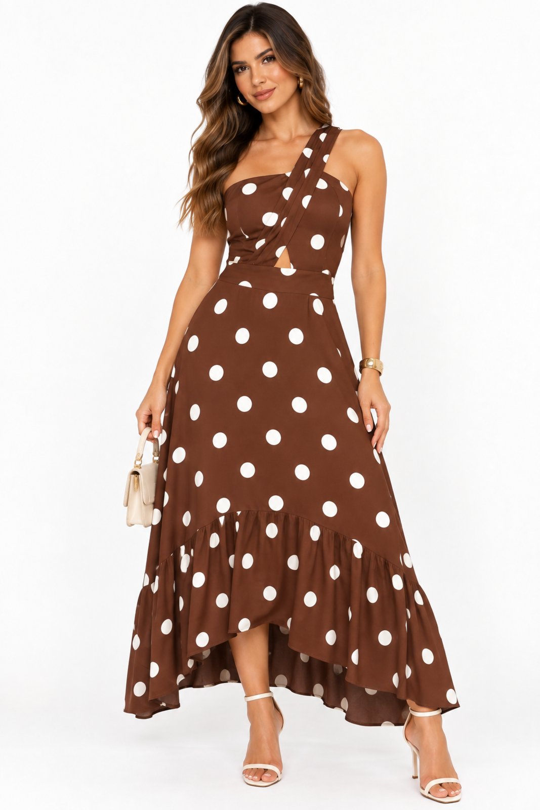 Vestido Midi D Bell Outlet Fashion Poá Um Ombro Só Marrom