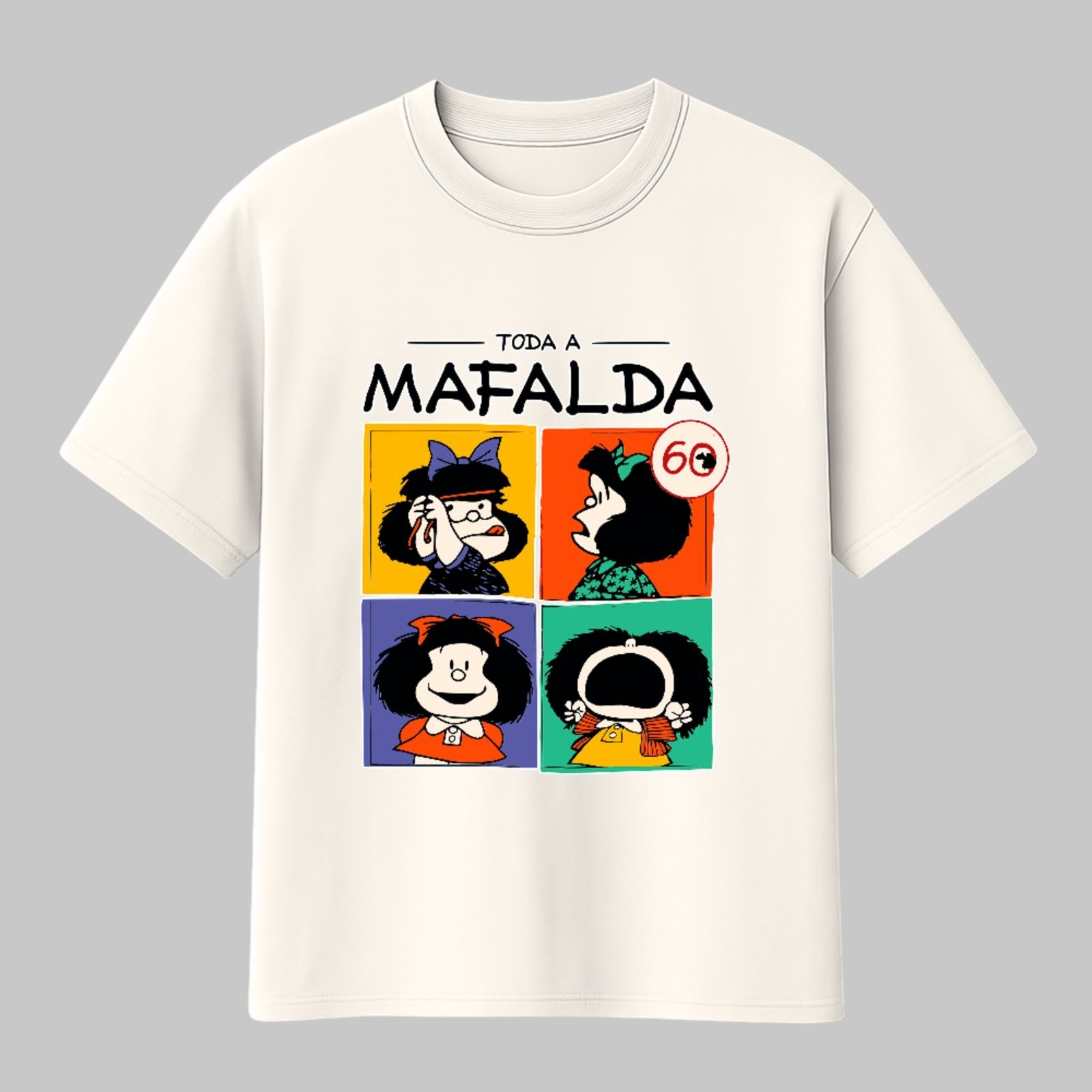Camiseta Básica Personalidades Divertidas Mafalda Estampa Icônica Unissex Off White