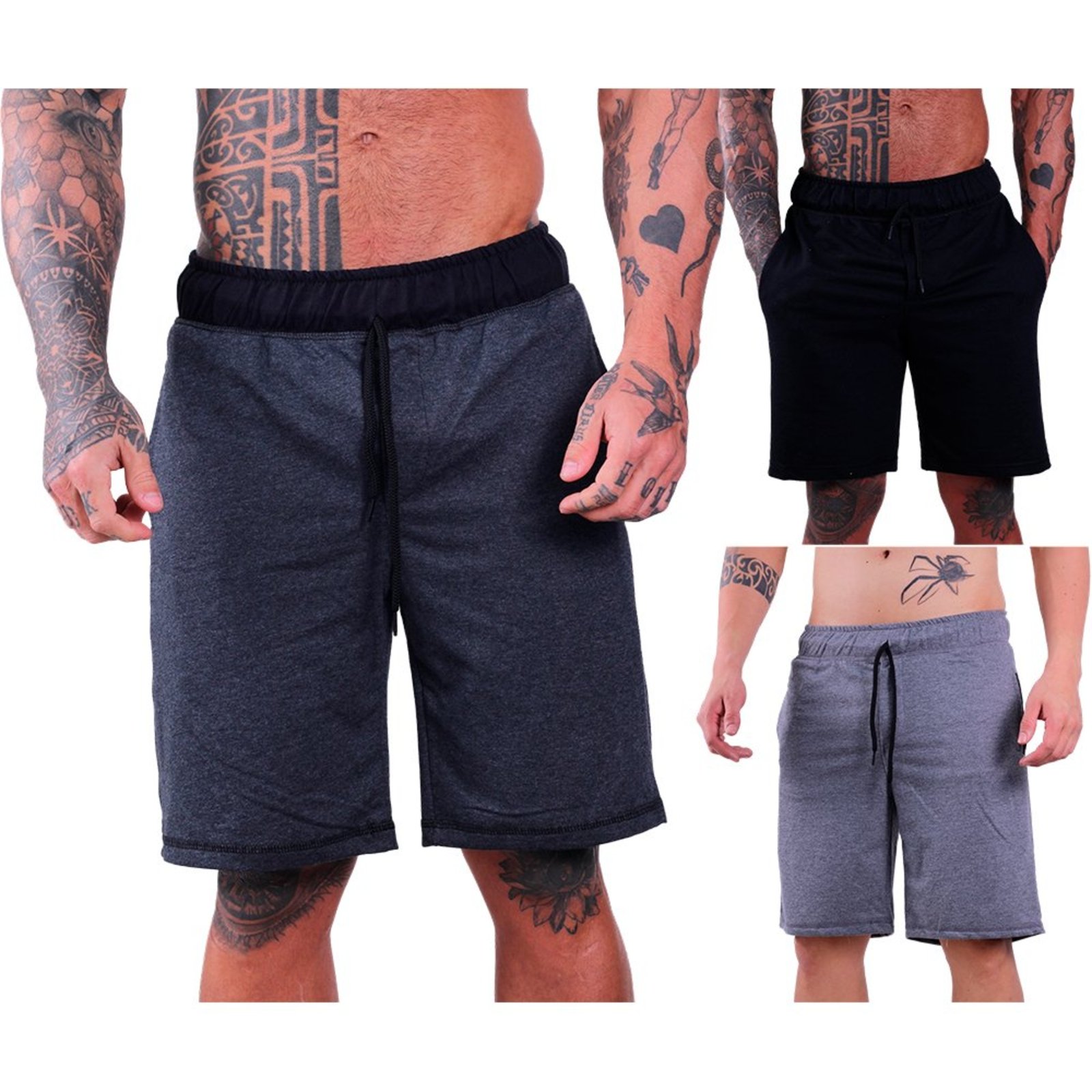 Kit 3 Bermuda Moletom e Moletinho MXD Conceito Academia Musculação Preto, Mescla Escuro e Grafite