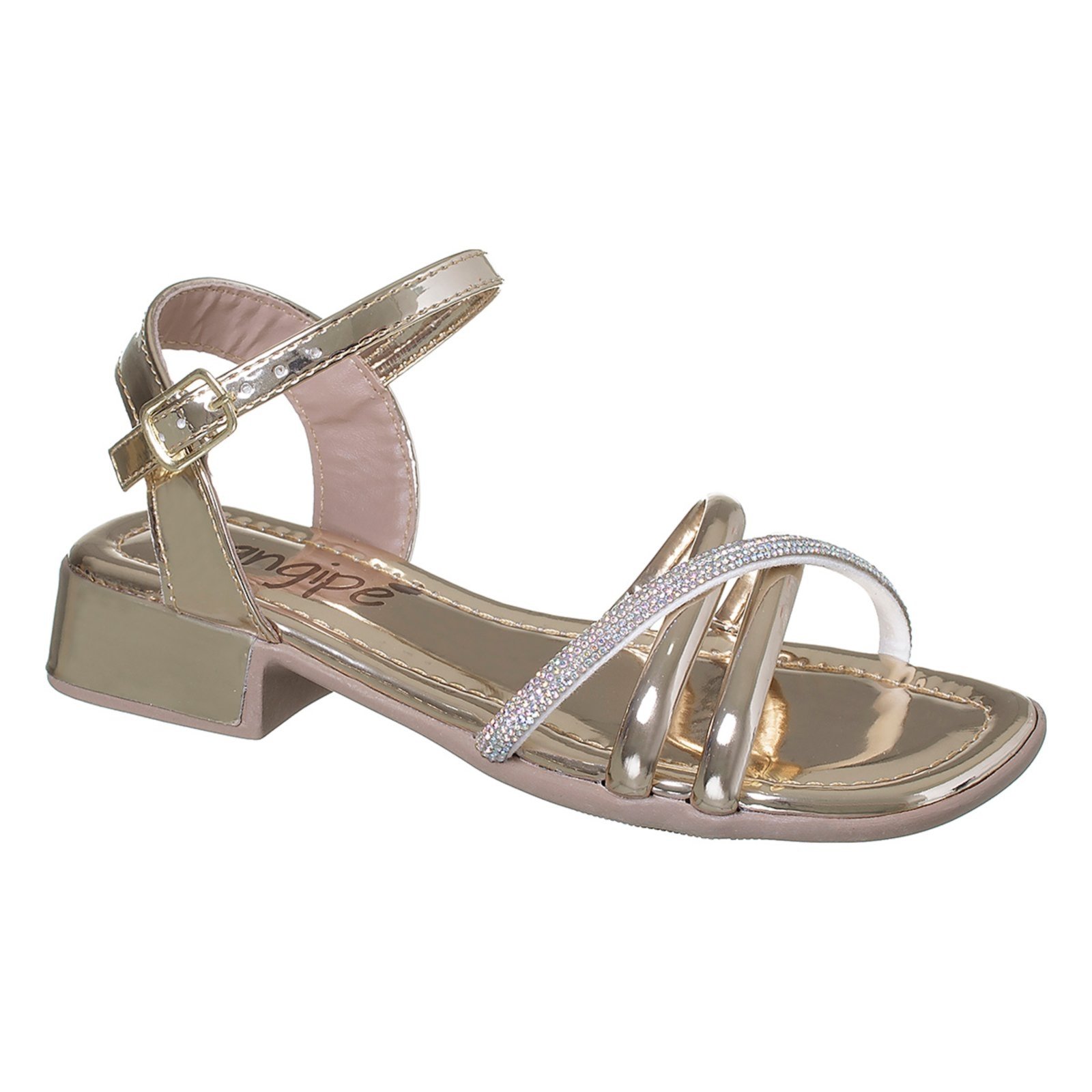Vista 3 Infantil - Sandália Mini Saltinho Menina 3 TirasDourada Angipé dourado