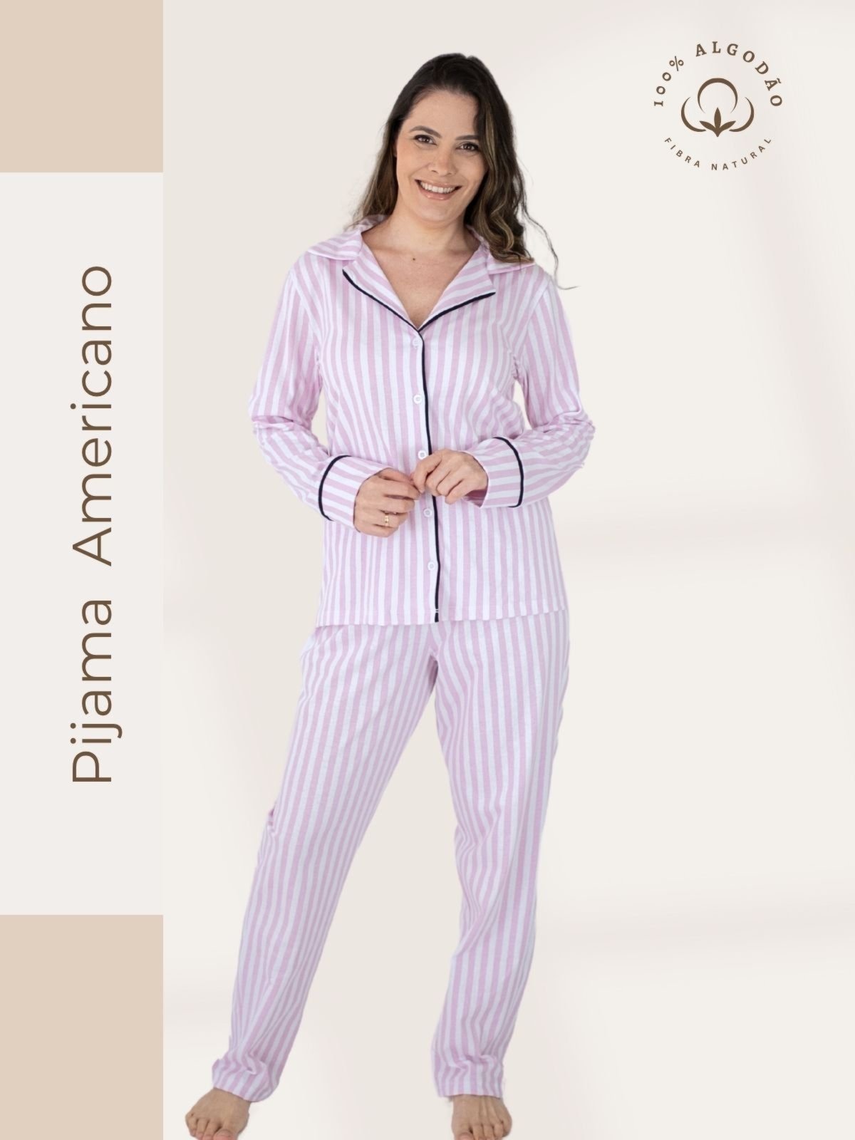 Pijama Algodão Americano Feminino Longo Piante Amanda Listrado Rosa