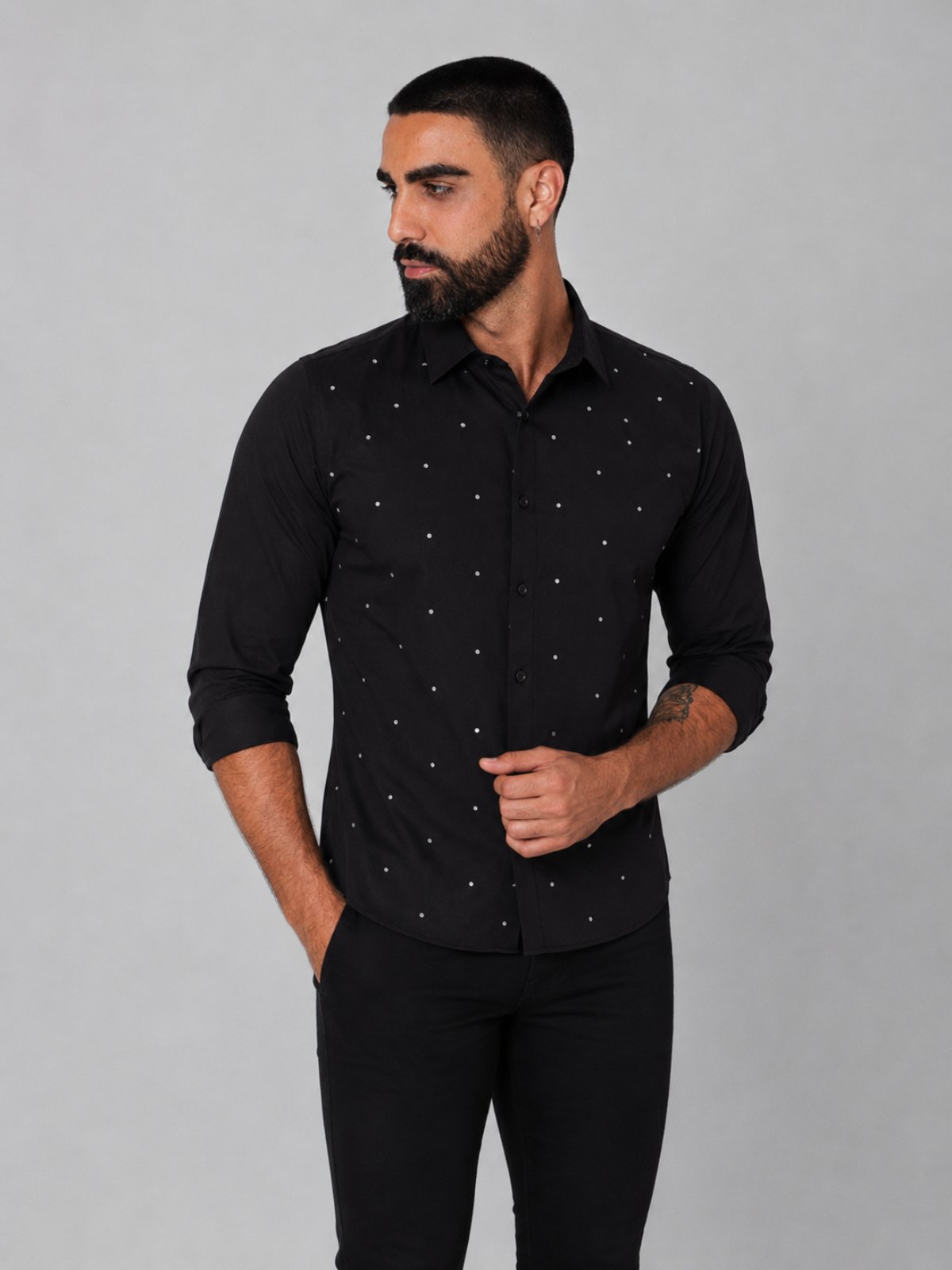 Camisa Social Masculina Preta com Strass Slim Premium Luxo Fashion Elegante Balada Festa LGBT Moderna Manga Longa Social Preto