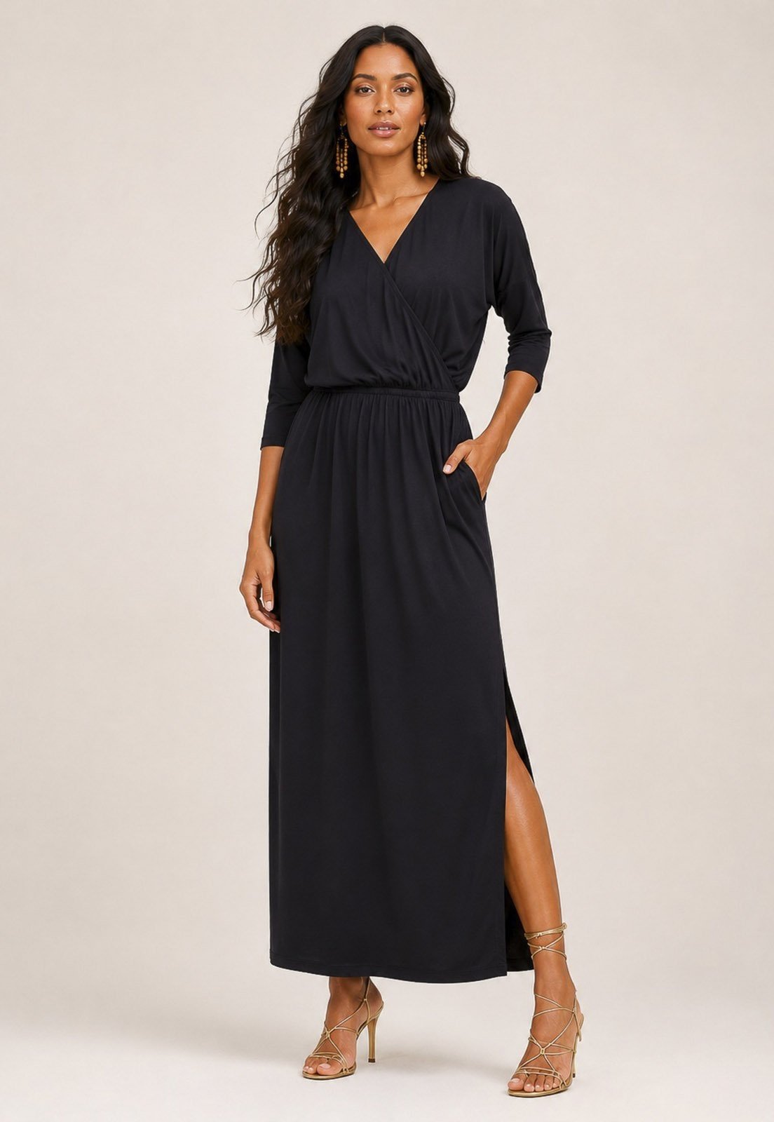 Vestido Amazonia Vital Longo Malha Com Manga 3/4 Preto