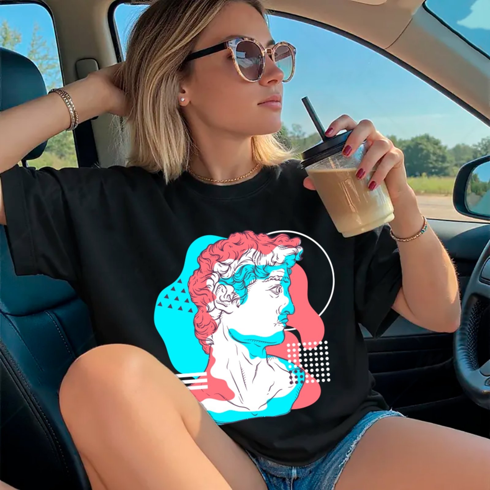 Camiseta Ousy Unissex Estátua Clássica Pop-Art Visual Impactante Streetwear Streetwear Oversized Preto