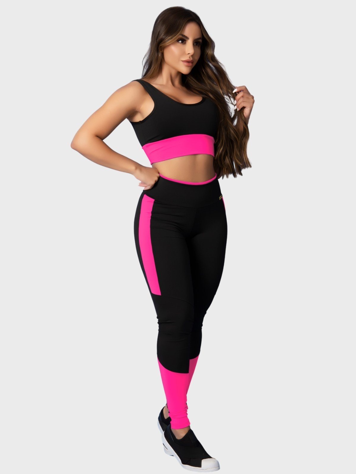 Conjunto Fitness Tarelles Top Calça Legging Cintura Alta Preto e Rosa Neon