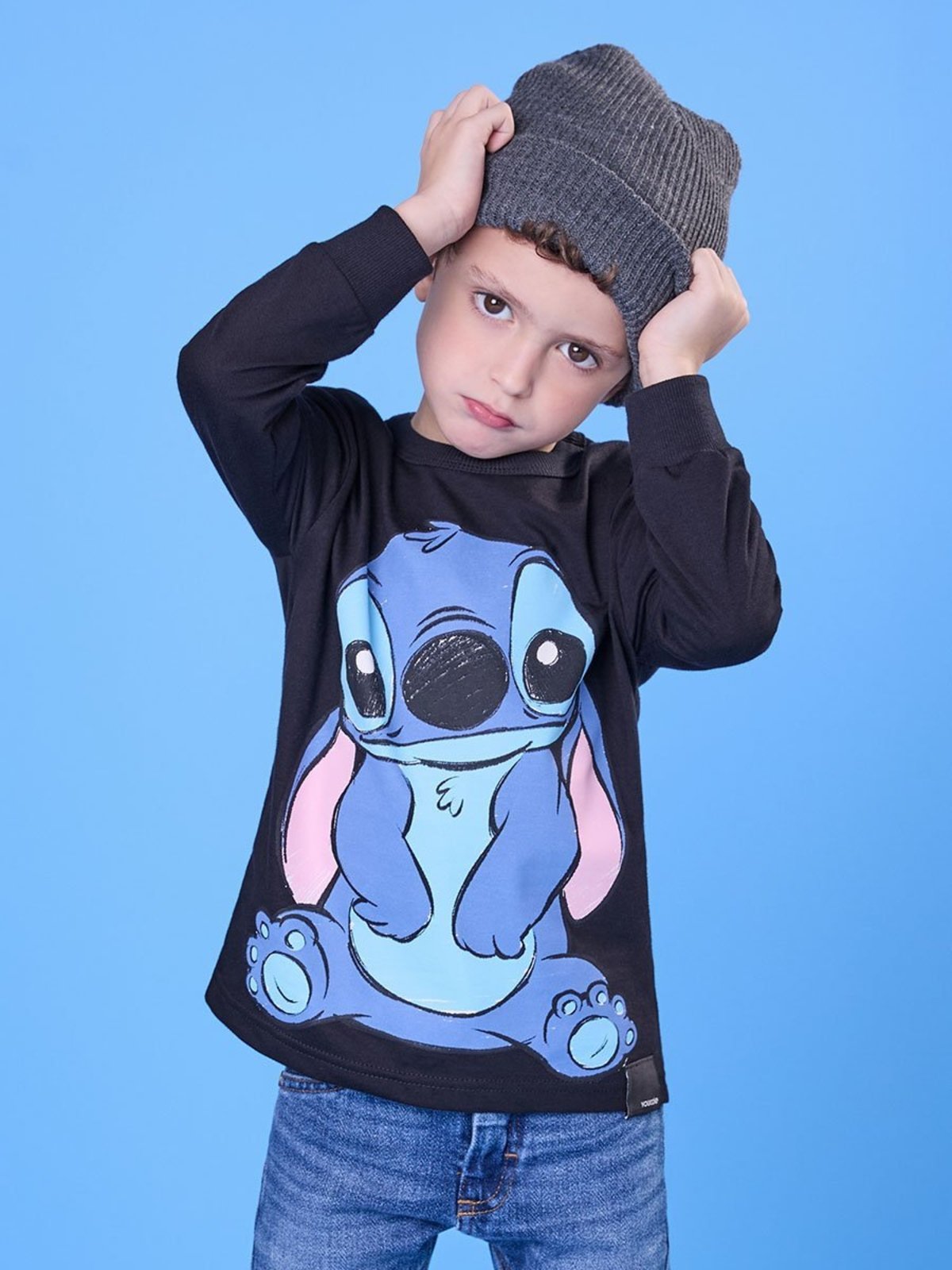 Infantil - Camiseta de Manga Longa Preta do Stitch