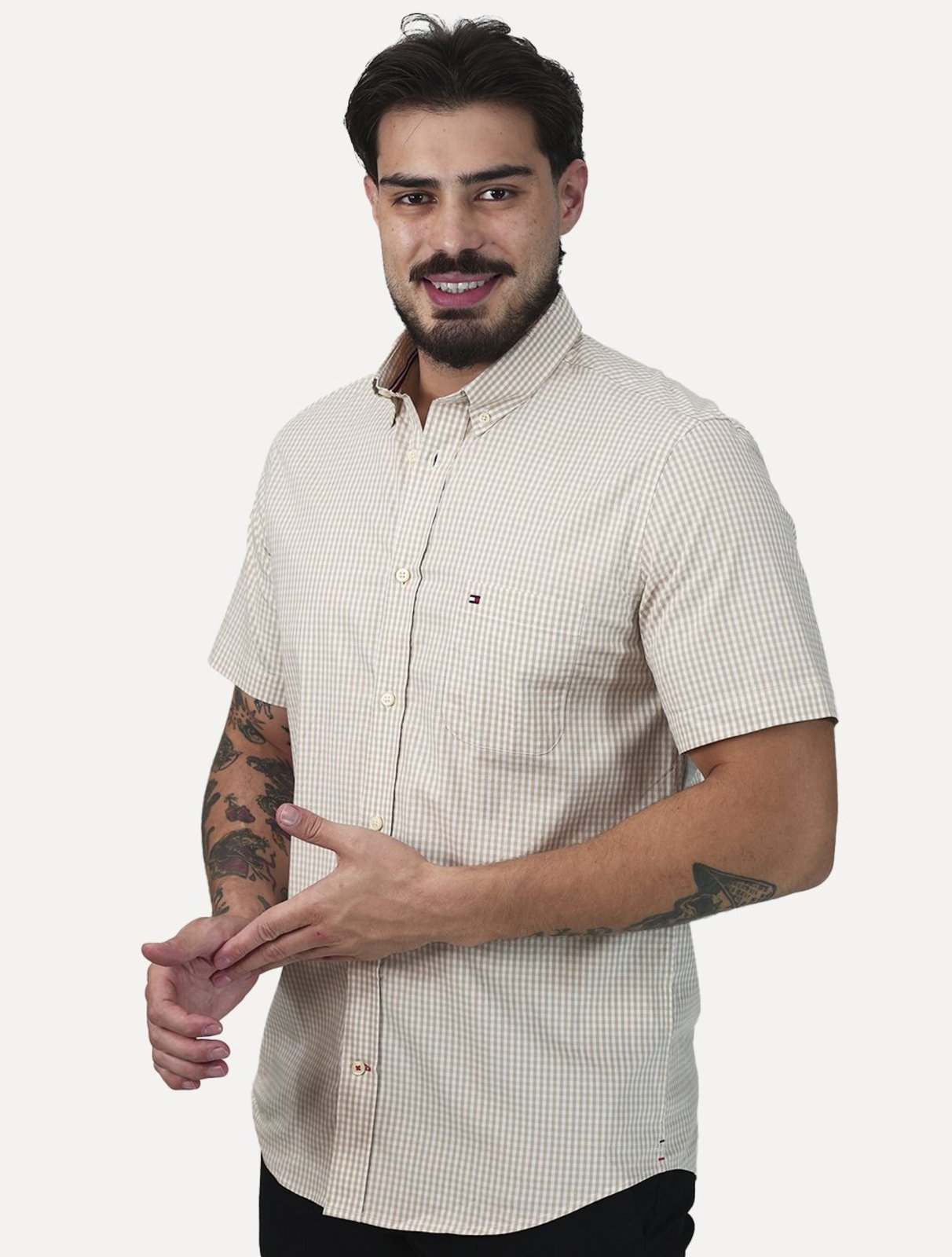 Camisa Tommy Hilfiger Masculina Manga Curta Pocket Gingham Cáqui