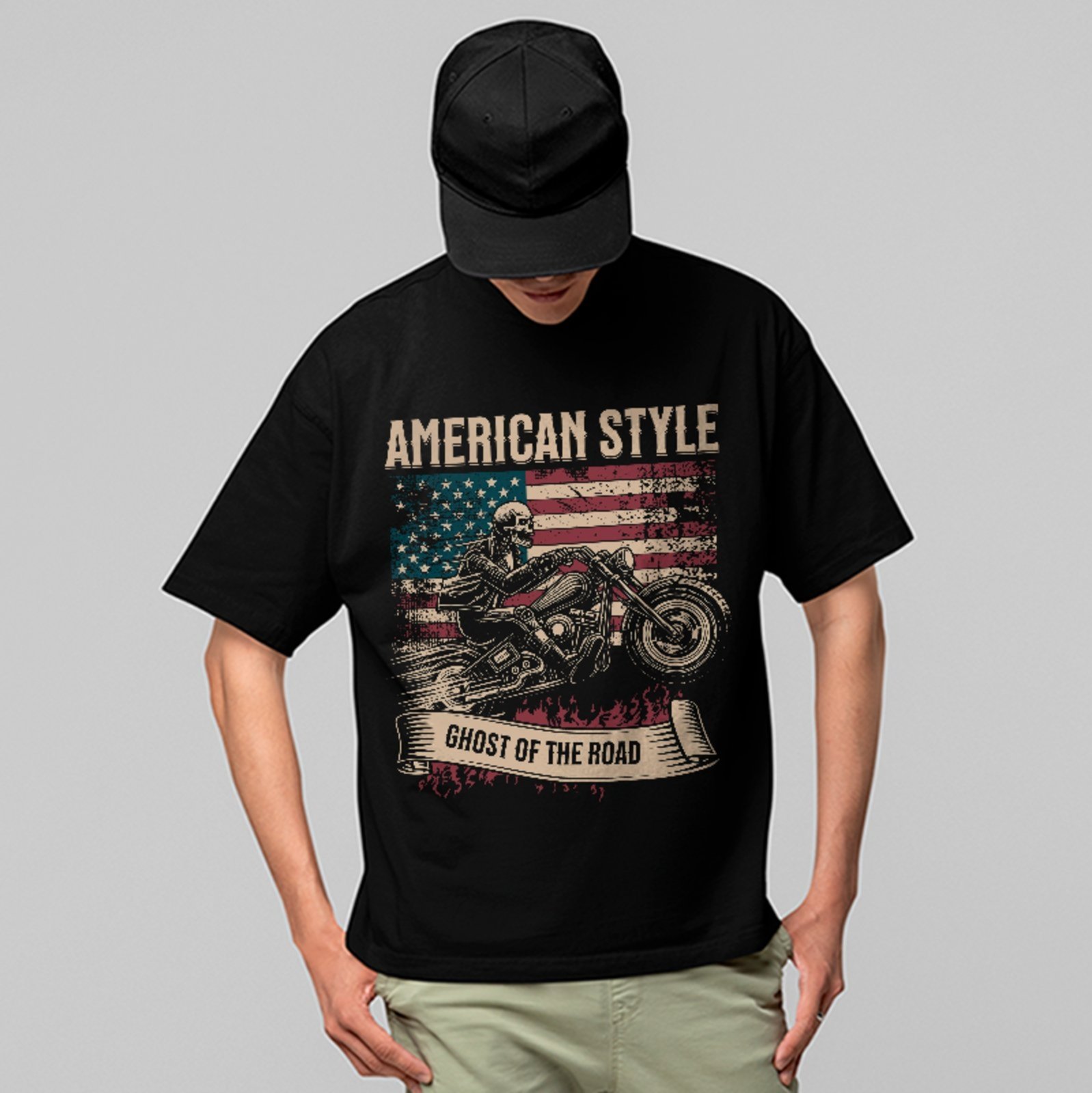 Camiseta Oversized American Style Ghost Of The Road Biker Unissex Preto