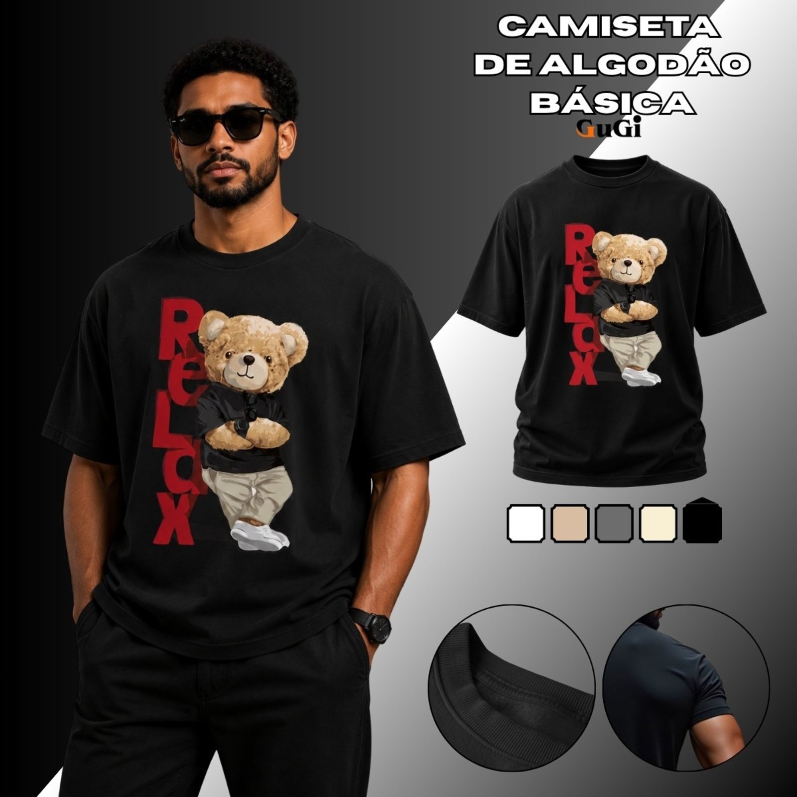 Camiseta Masculina Relax Urso Pelúcia 100% Algodão 30.1 Preto