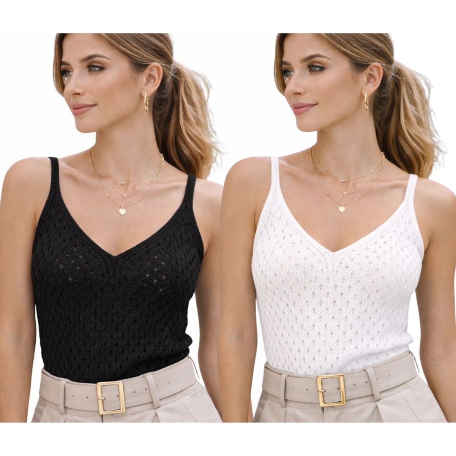 Vista 2 Kit 2 Blusas Regata Feminina Tricô Vih Triny Alça Fina Decote V multicolorido Vih Triny multicolorido