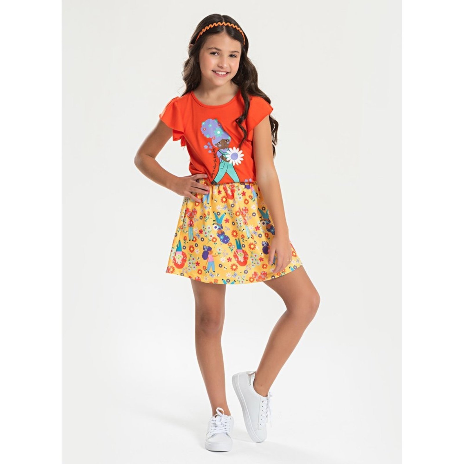 Infantil – Conjunto Verão Menina Vermelho Blusa com Manga Babado e Saia Jardim Florido