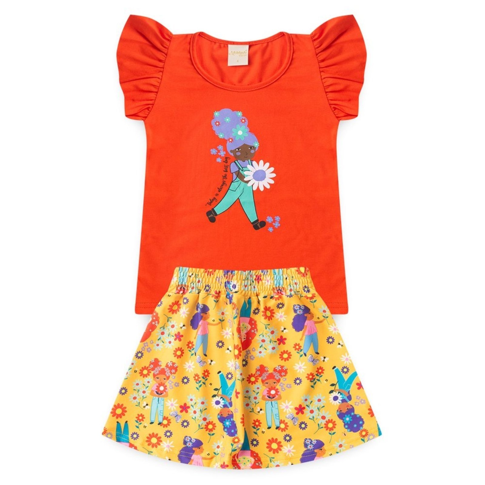 Vista 3 Infantil - Conjunto Verão Menina Blusa com Manga Babado e Saia Jardim Florido Molekada vermelho Molekada vermelho