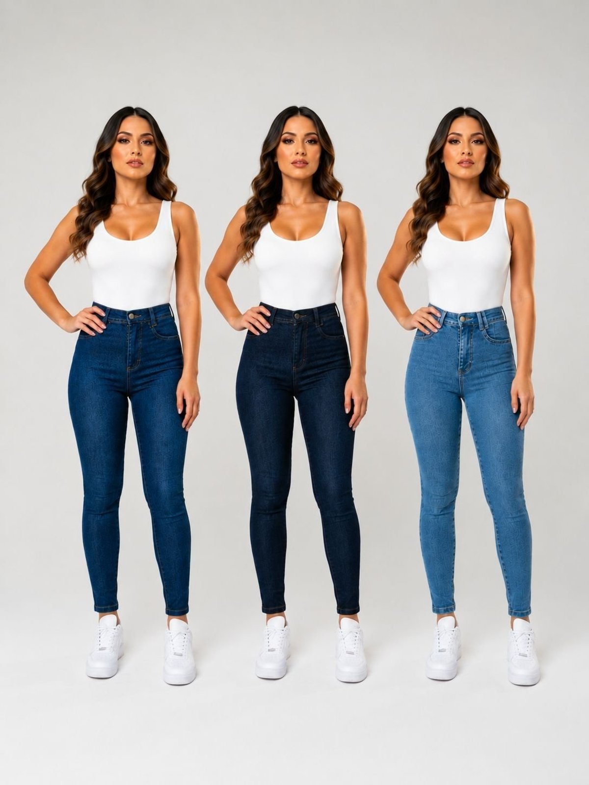 Kit 3 Calças Jeans Feminina Skinny Yellow Jeans Azul Claro Azul Médio e Azul Escuro Cintura Alta