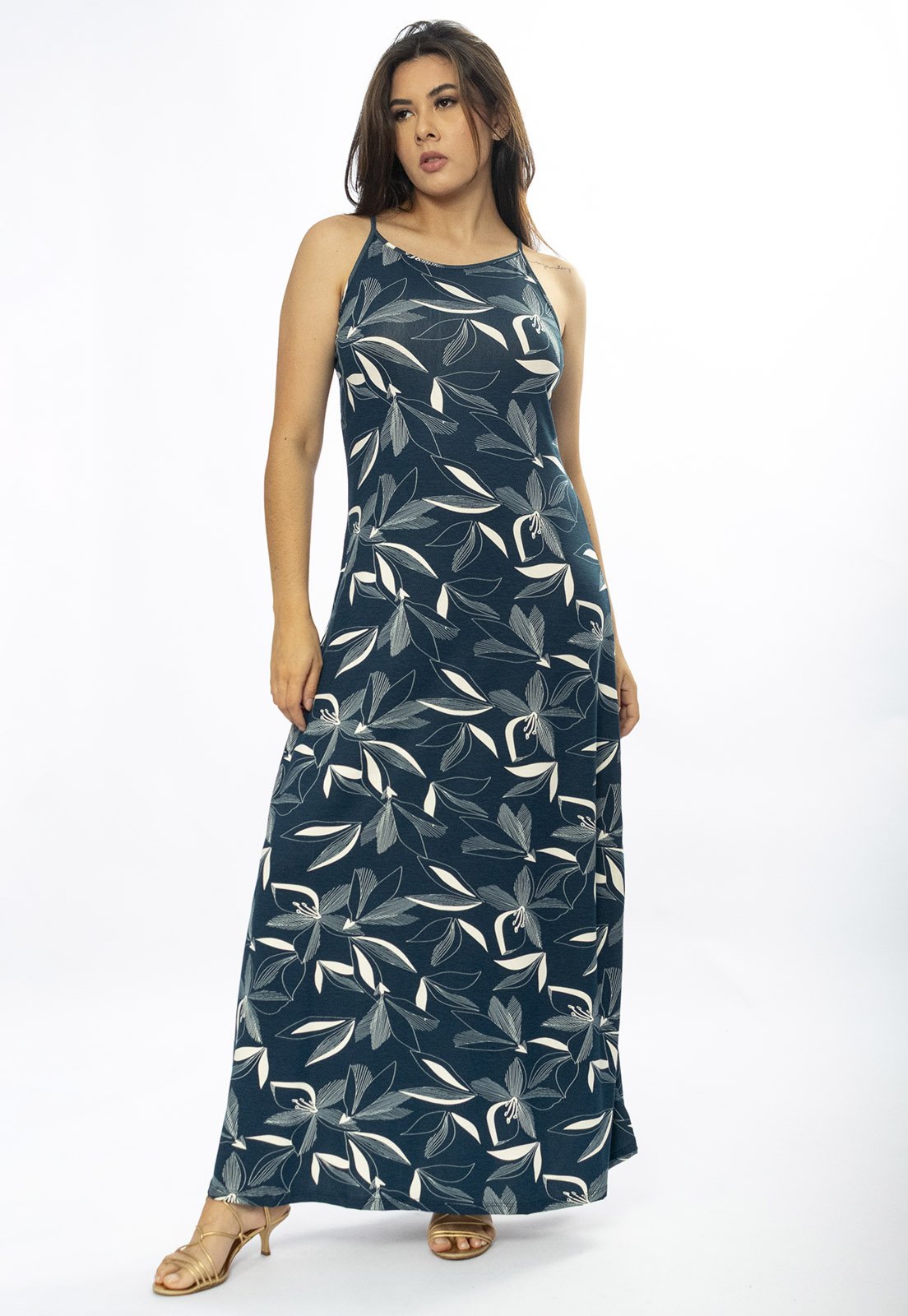 Vestido Longo Cabanafree Malha Trapézio Hibisco Blue