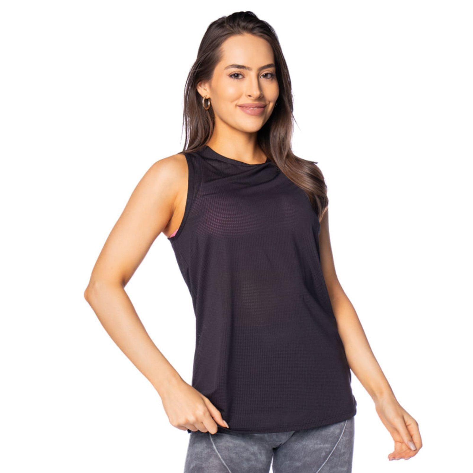 Vista 2 Regata Feminina Estilo do Corpo UV35 Microfuros preto Estilo Do Corpo preto