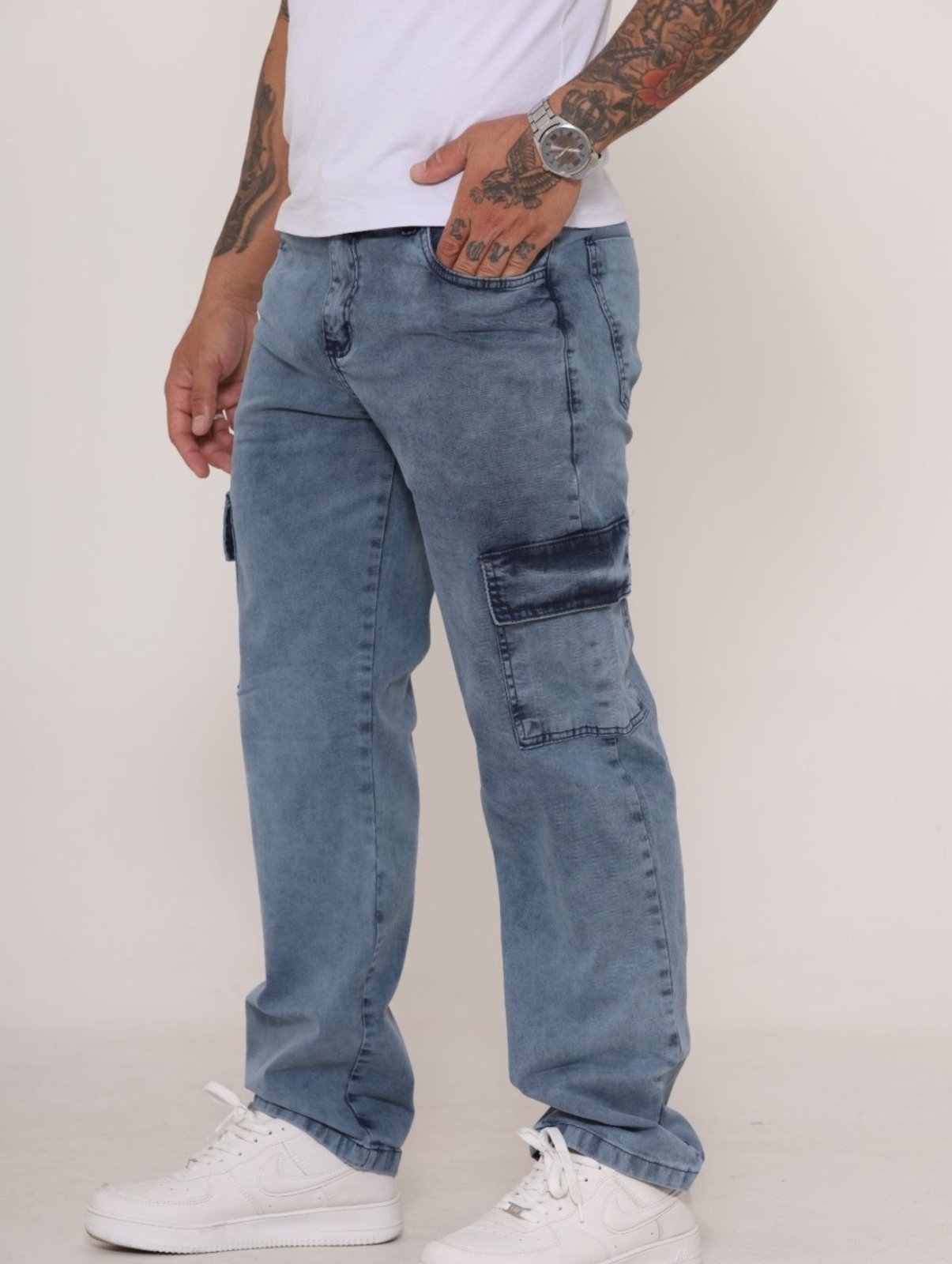 Calça Cargo Masculina Jeans Loka Manchada