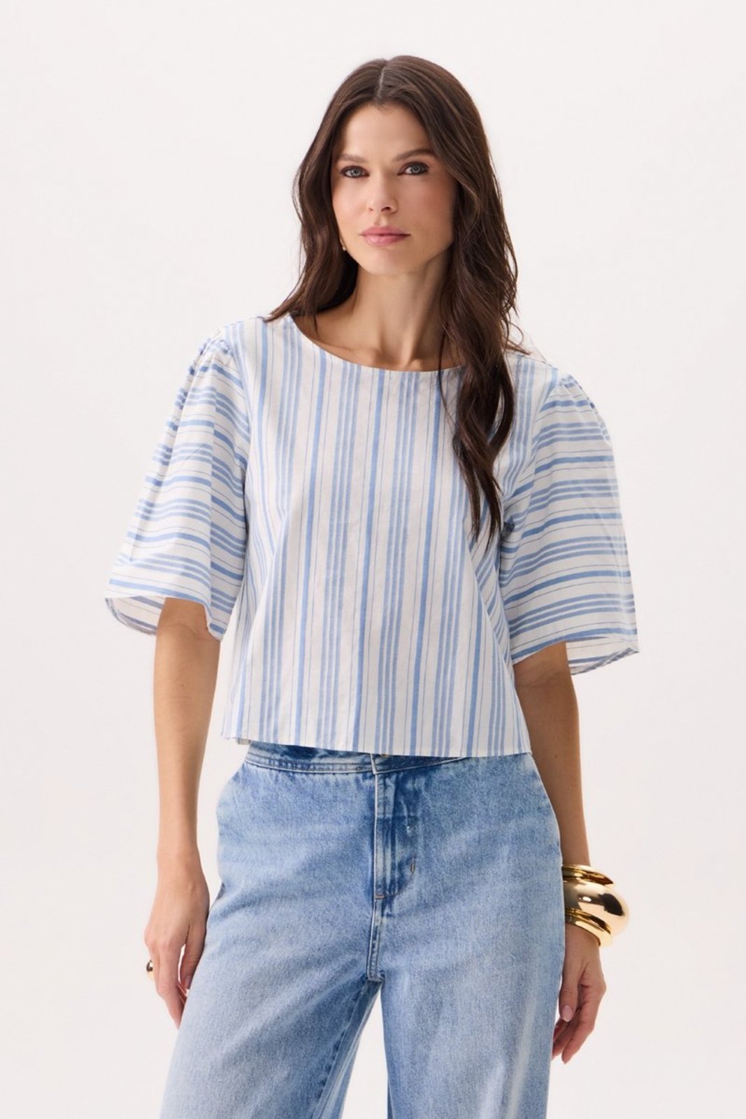 Blusa Feminina Cropped em Algodão com Pregas Flor de Lis