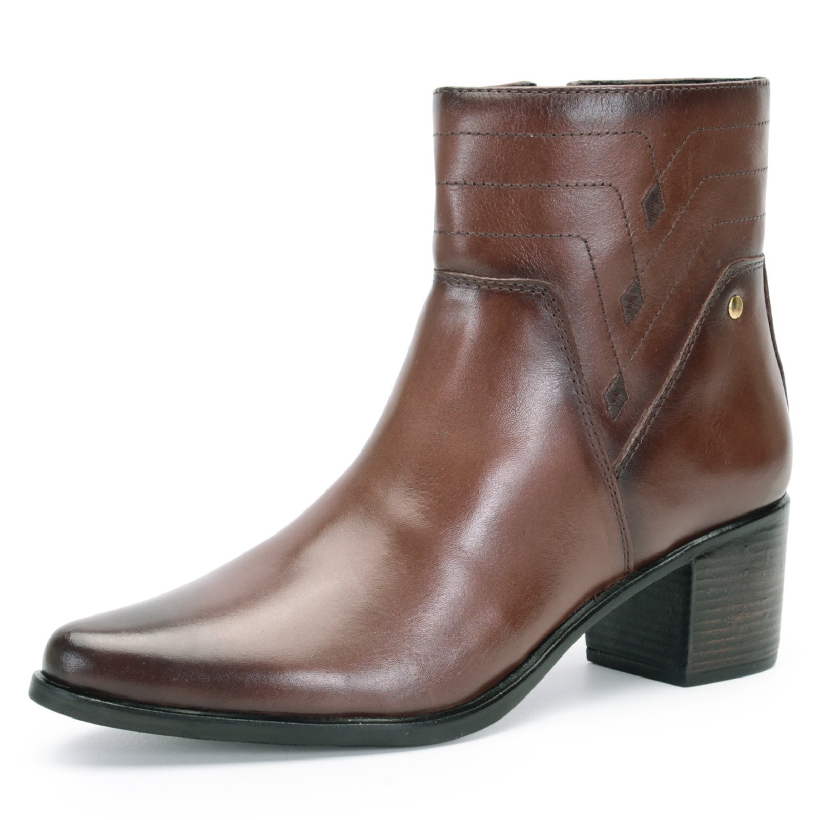 Bota Feminina Ferrile Bico Fino Cano Curto Em Couro Salto Bloco Café
