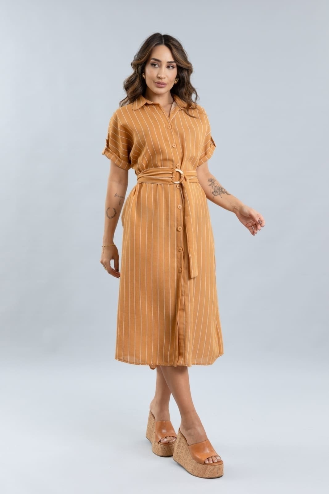 Vestido Midi Com Botões e Listras Feminino Lemier Collection