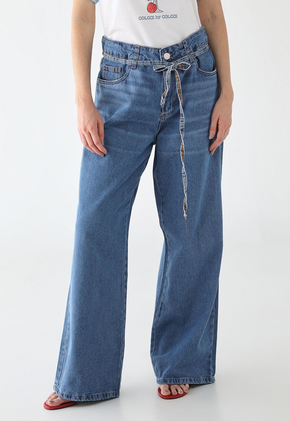Calça Wide Leg Feminina Sawary Faixa Jeans Azul