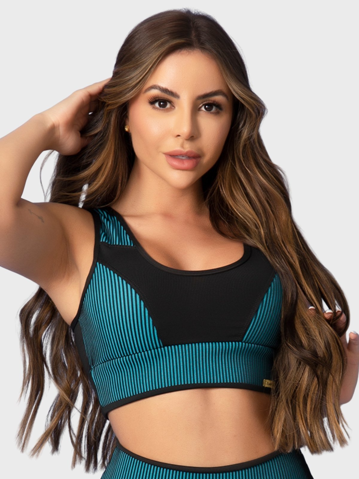 Top Fitness Tarelles Alça Larga 3D Forrado Preto e Azul