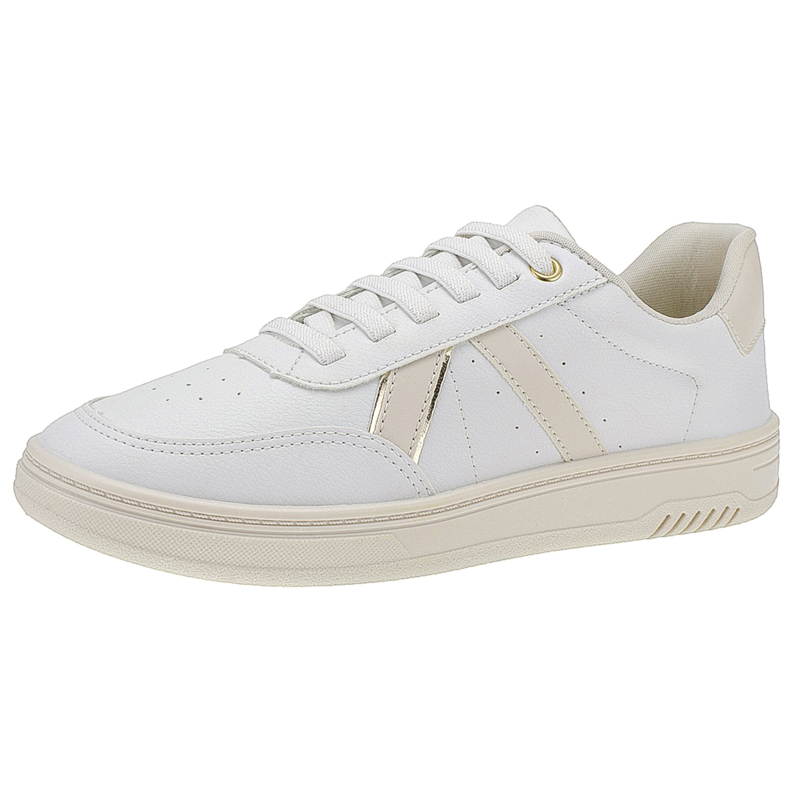 Tênis Lóris Shoes Casual Feminino Detalhe em V Metalizado Cadarço de Elástico Solado Macio 33008 Branco com Off White