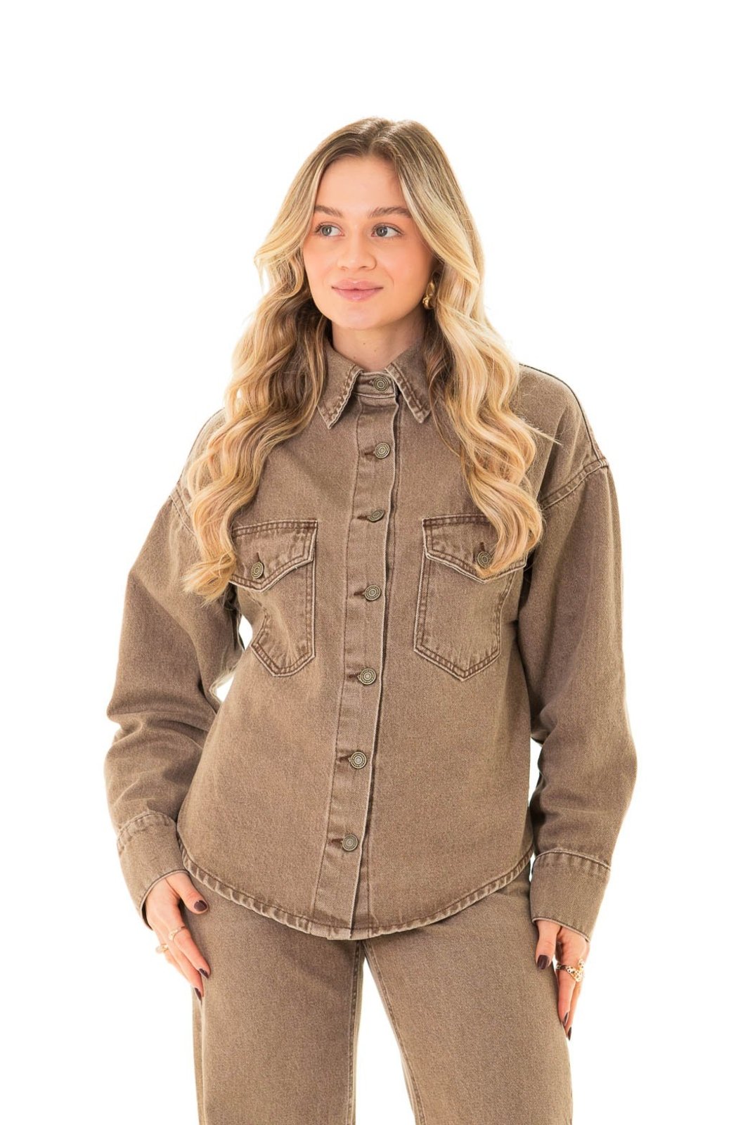 Camisa Jeans Feminina Arauto Over Cacau Marmorizado