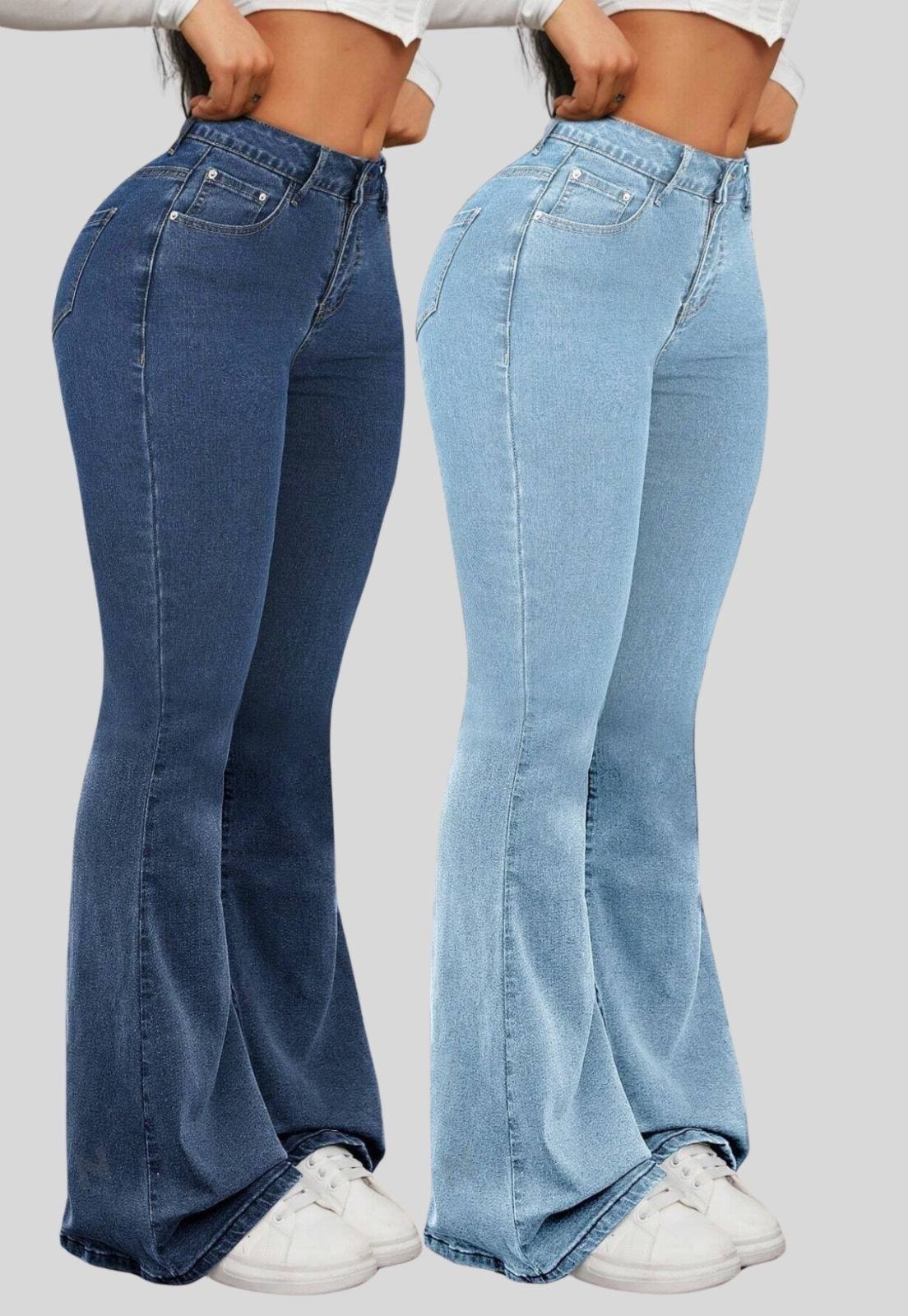 Kit 2 Calças Jeans Flare Feminina Lavagem Escura e Lavagem Clara Cintura Alta e Modelagem Perfeita