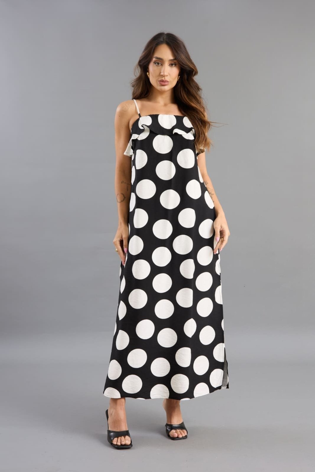 Vestido Poá Em Viscose Feminino Com Alça Lemier Collection Preto