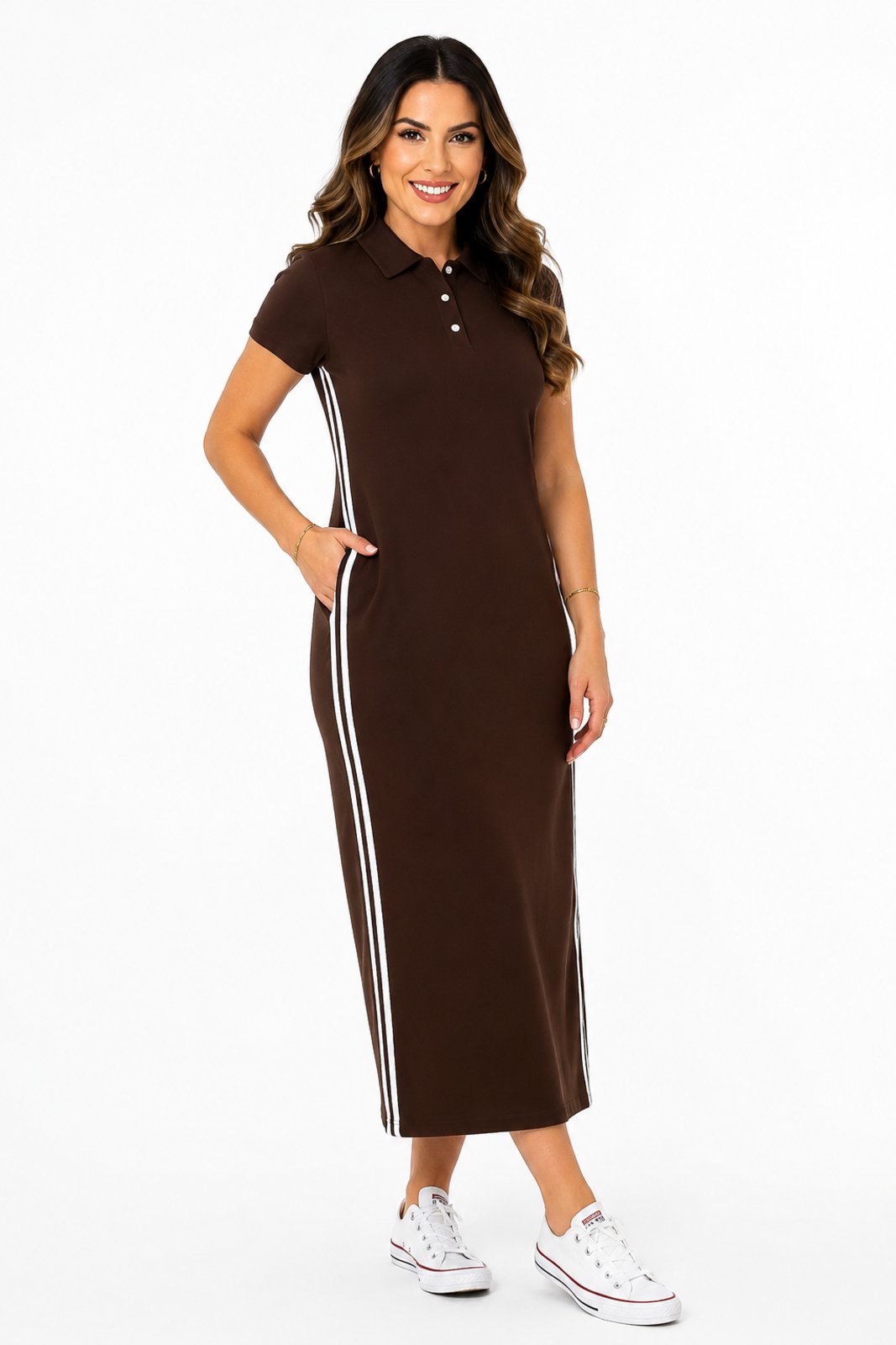 Vestido Midi D Bell Outlet Fashion Moletinho Polo Marrom