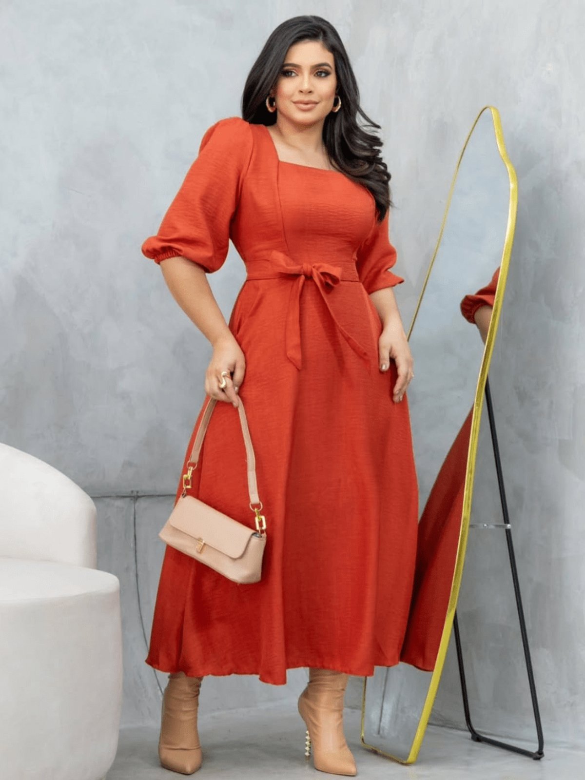 Vestido Midi Soltinho Manga 3/4 Elegante Social Moda Evangélica Laranja