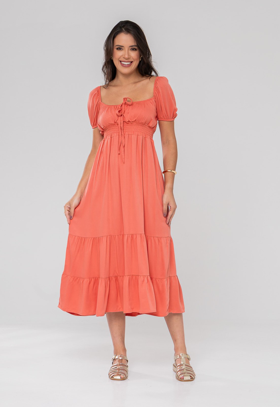 Vista 2 Vestido Aura Midi Rosana Viscosarja Liso coral coral