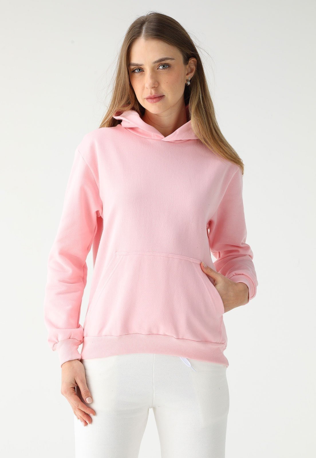 Vista 2 Blusa de Frio Moletom Feminino Flanelado Benellys Liso Canguru Claro rosa Benellys rosa