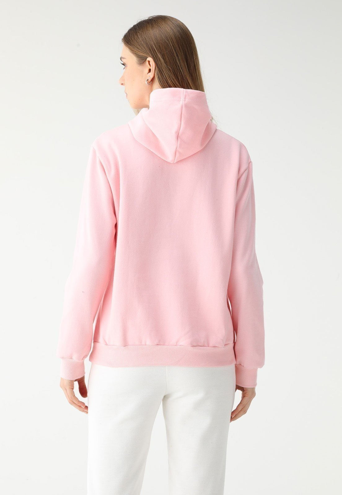 Vista 3 Blusa de Frio Moletom Feminino Flanelado Benellys Liso Canguru Claro rosa Benellys rosa