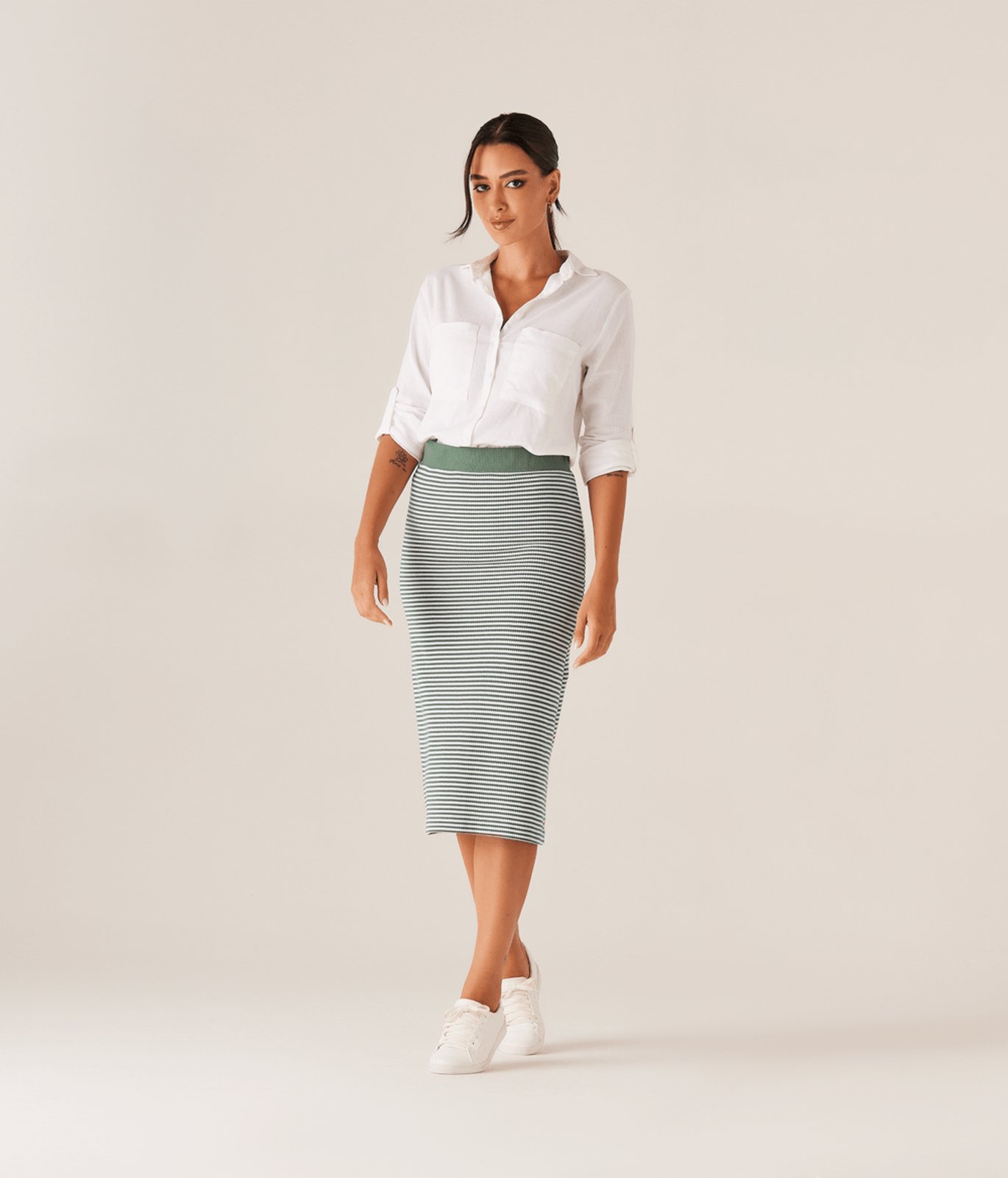 Saia Listrada Midi Malha Feminina Verde Militar