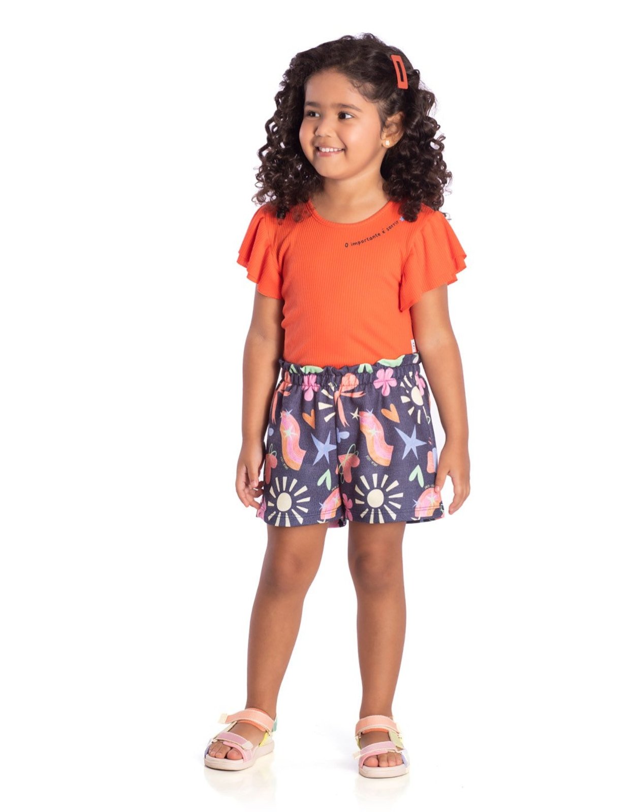 Infantil - Conj. blusa manga curta laranja + shorts marinho estampado