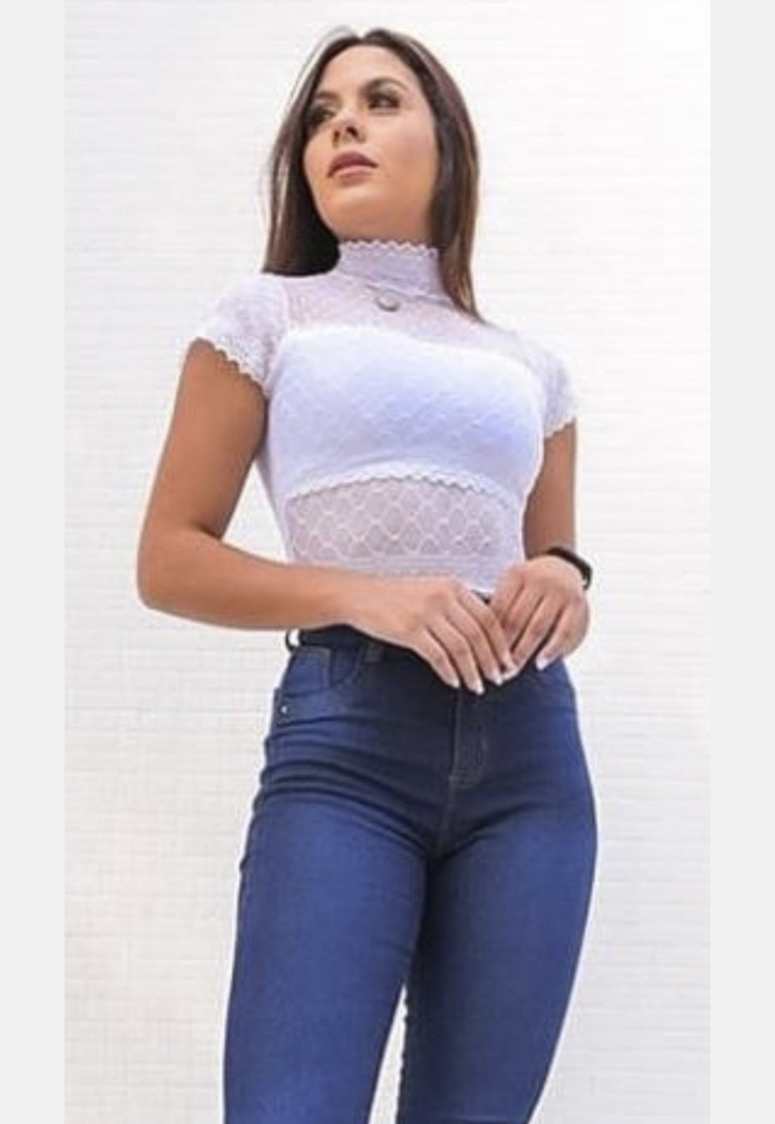 Body Gola Alta Summer Body Renda e Transparência Branco