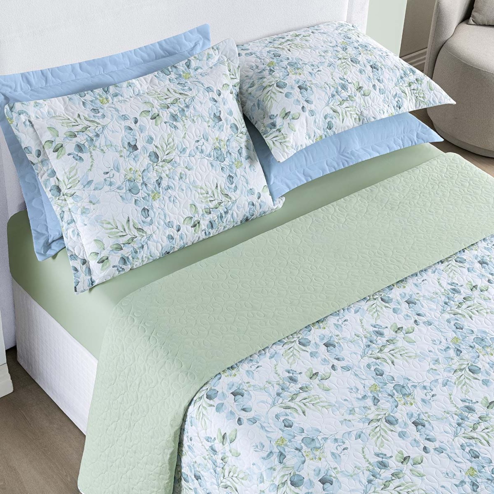 Kit Cobre Leito Colcha Casa Scarpa Maris Queen Estampado Dupla Face Percalle 200 Fios 3 Peças Forest Verde