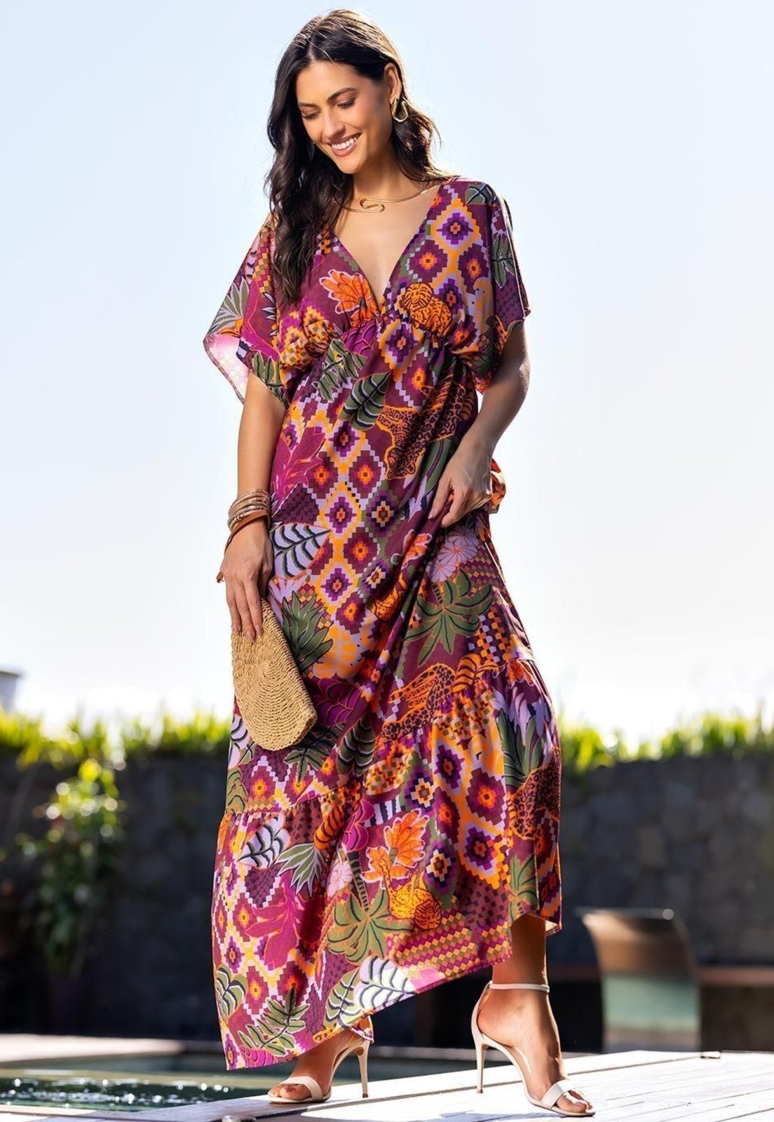 Vestido Em Tecido Plano De Poliéster Animal Print Quintess