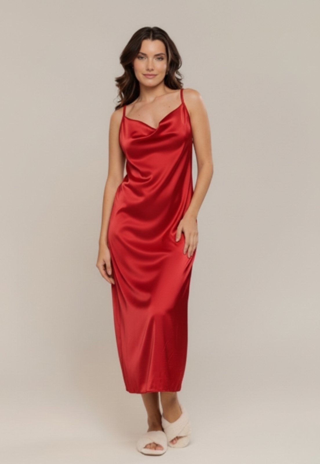 Vestido Feminino Camisola Serra e Mar Modas Longa De Seda Cetim De Dormir Vermelho