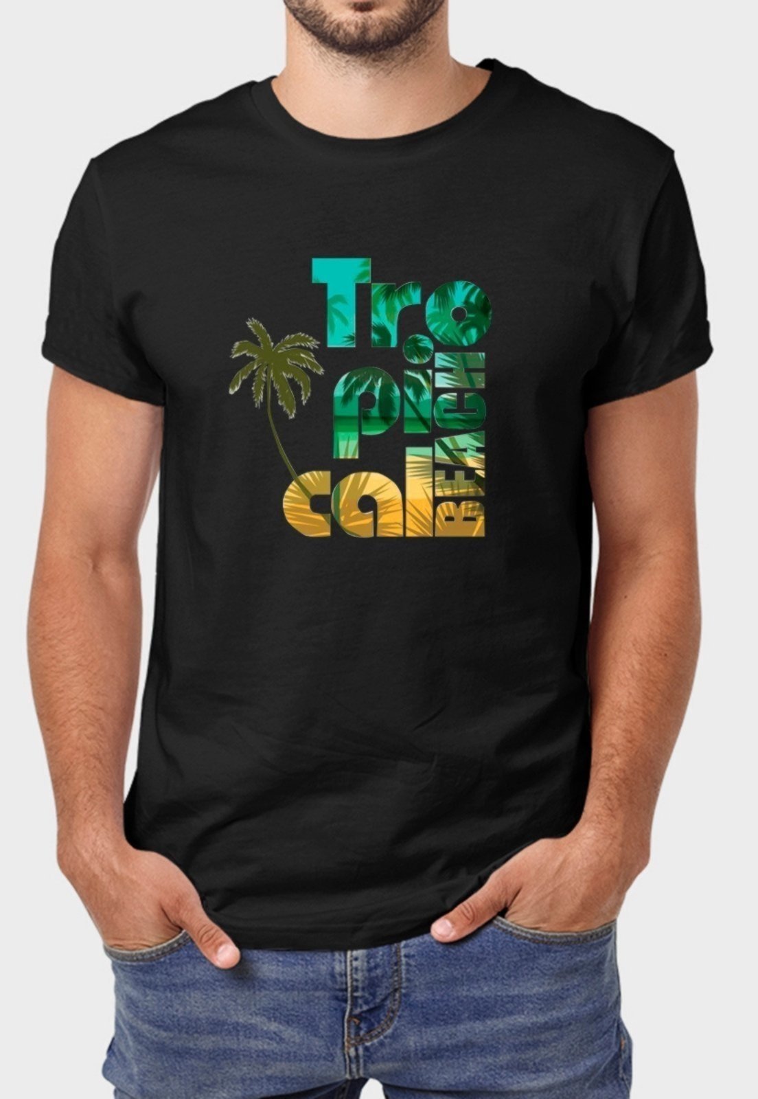 Camiseta Masculina Preta Tropical Algodão Premium Benellys
